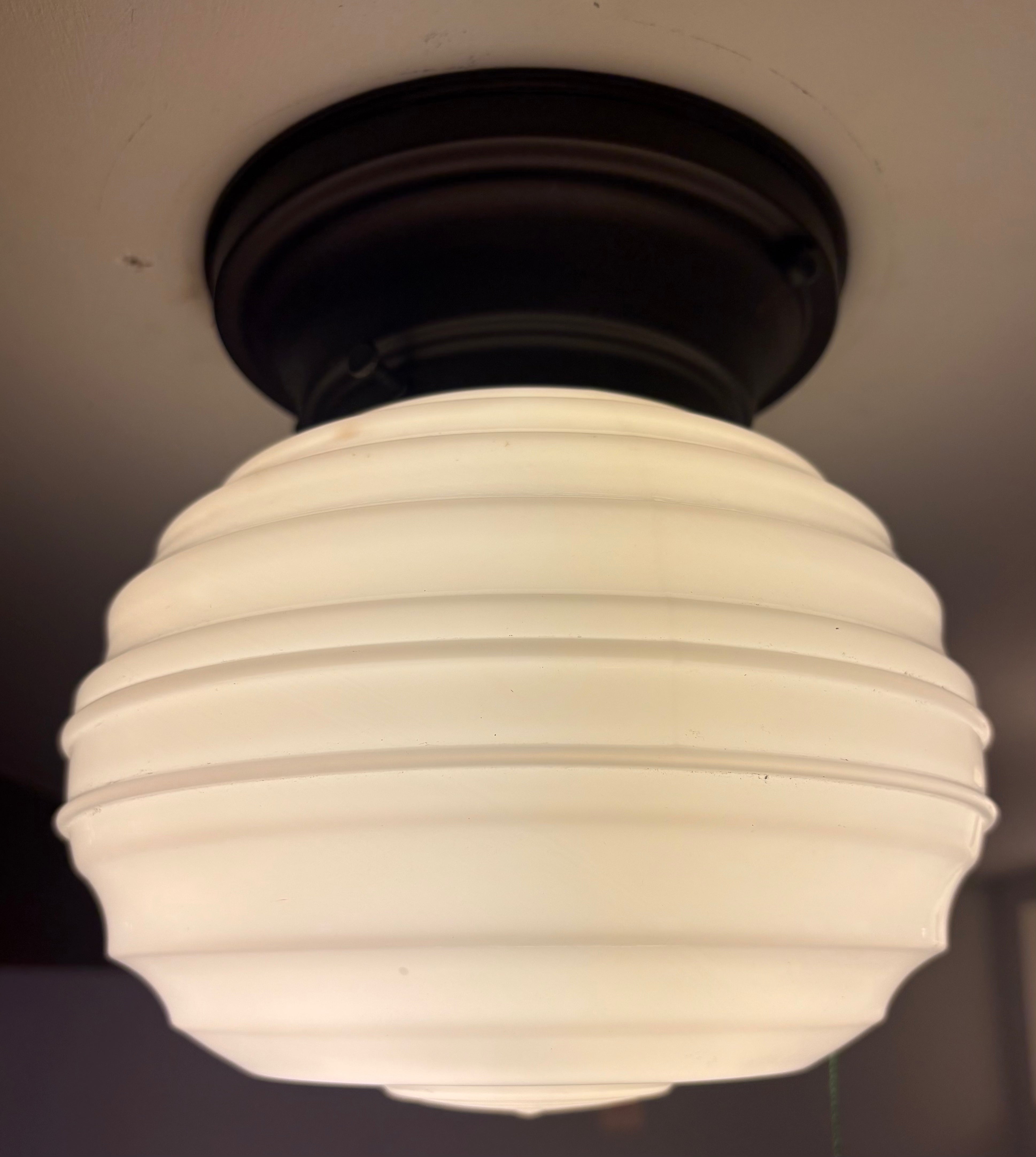 Vintage ribbed glass flush mount ceiling light - 1930s – 1940s (LT-1108)