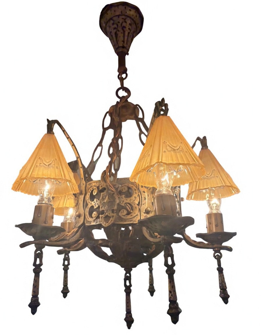 Five-Light Wrought Iron Chandelier with Slip Shades – Original 1920s–1930s (LT-1118)