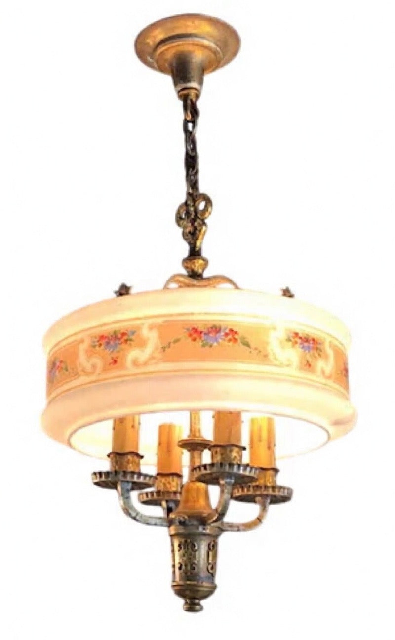 Chandelier with Stenciled Ring Shade – Painted Glass and Brass (MAY19-20)