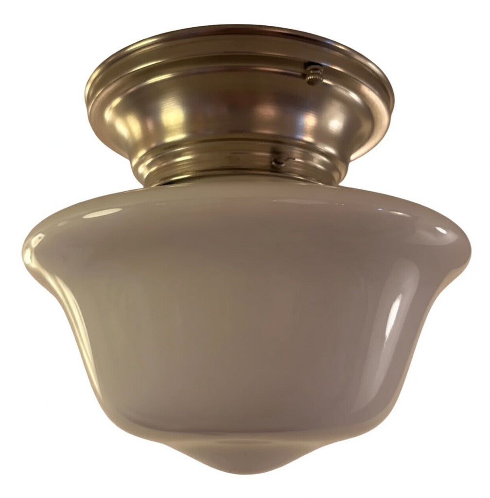 Vintage schoolhouse ceiling light with milk glass shade – brushed nickel mount (LT-1109)