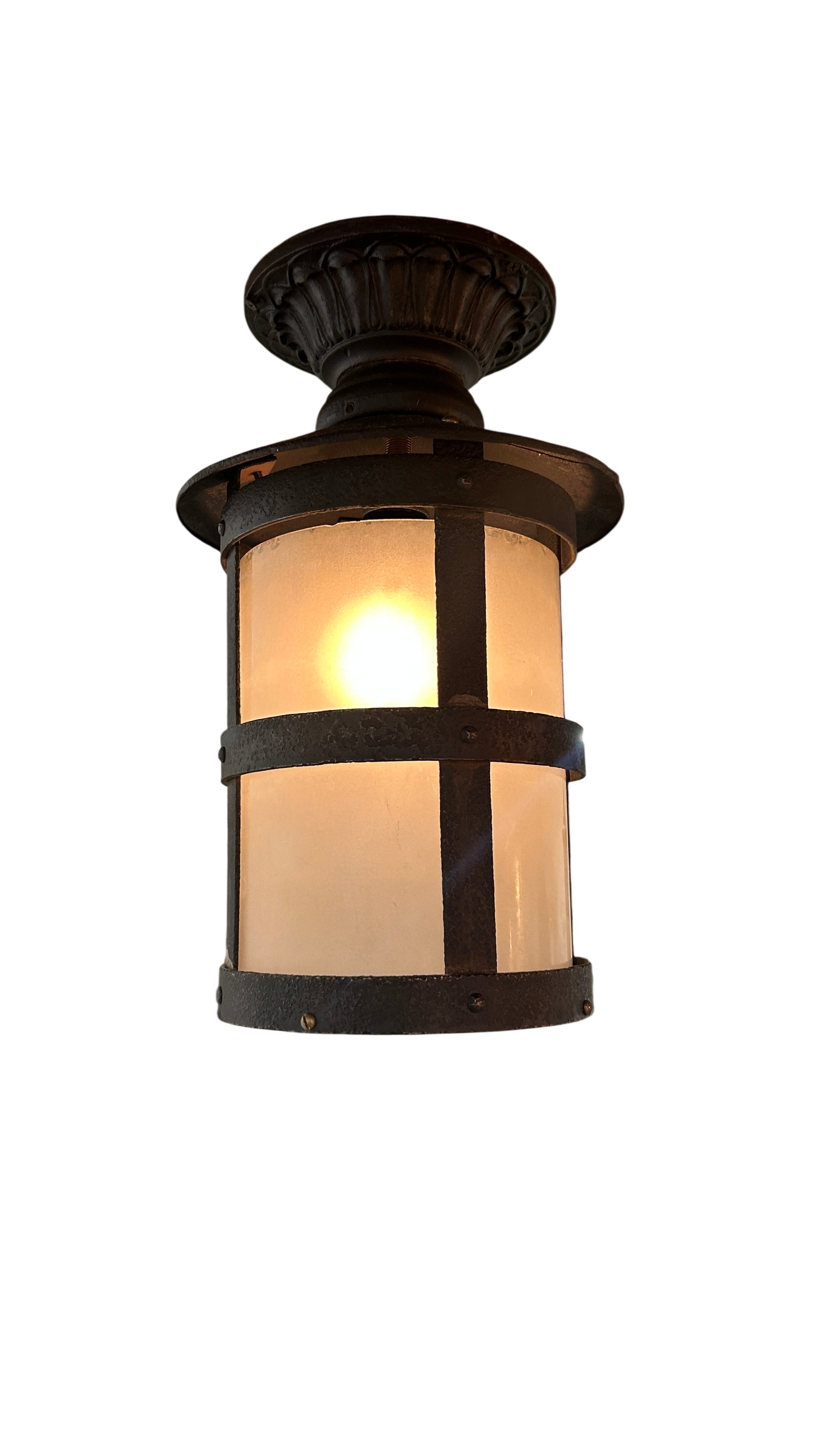 Cast Iron Cylindrical Exterior Pendant with Frosted Glass Panels (LT-715)