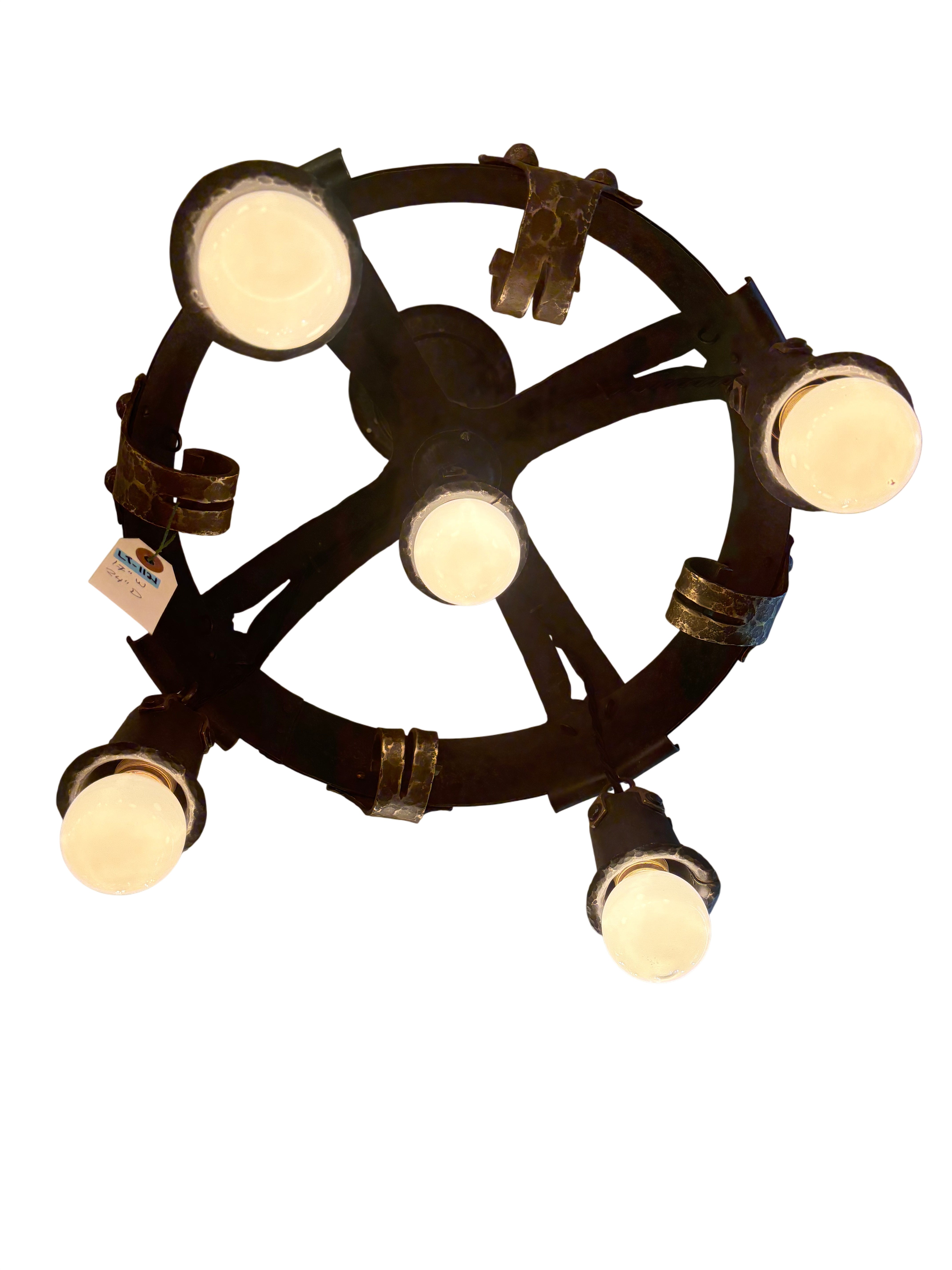 Rustic Hammered Iron Chandelier with Glass Globes-circa 1920s–1930s (lt-1121)