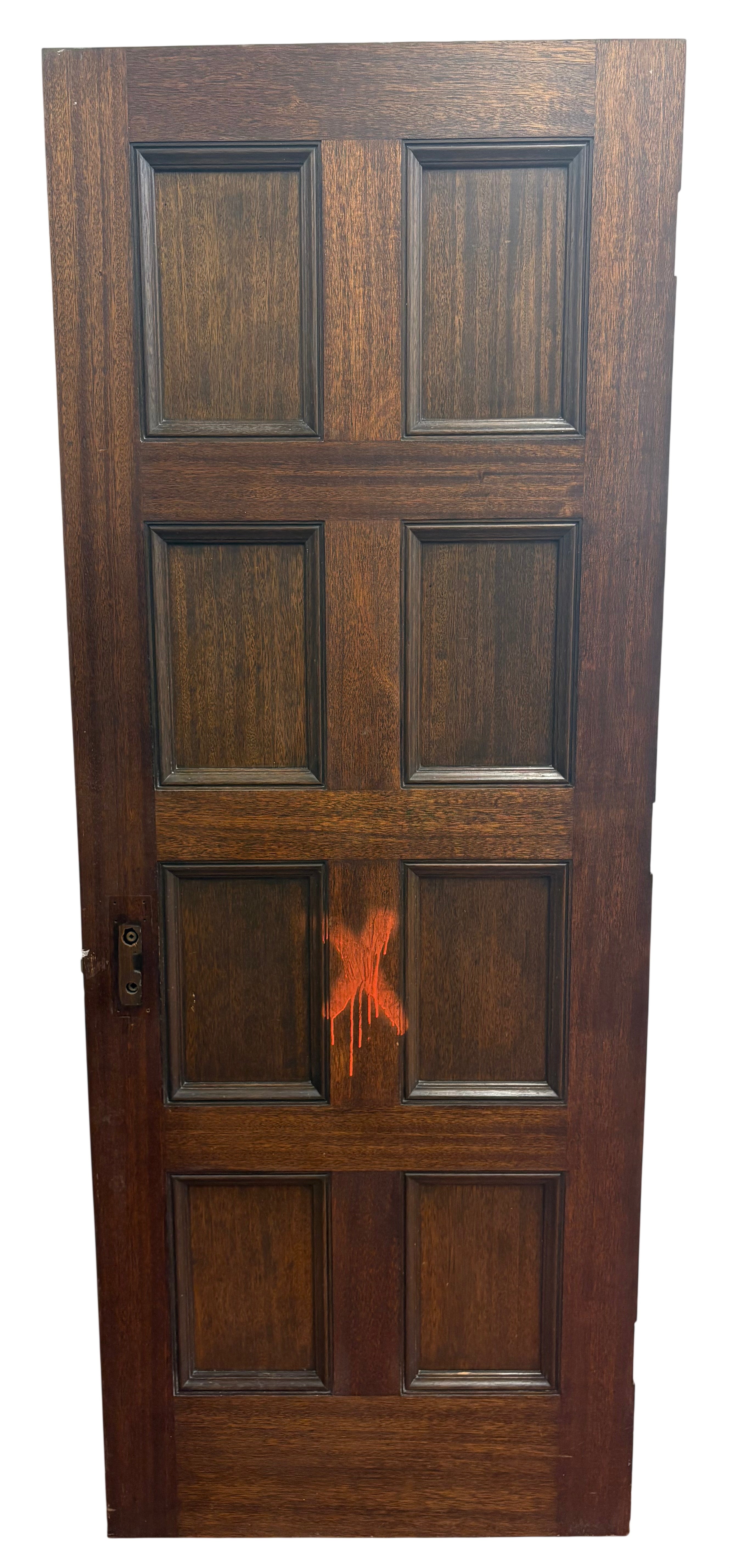Wooden door with six panels and a red 'X' mark on a white background