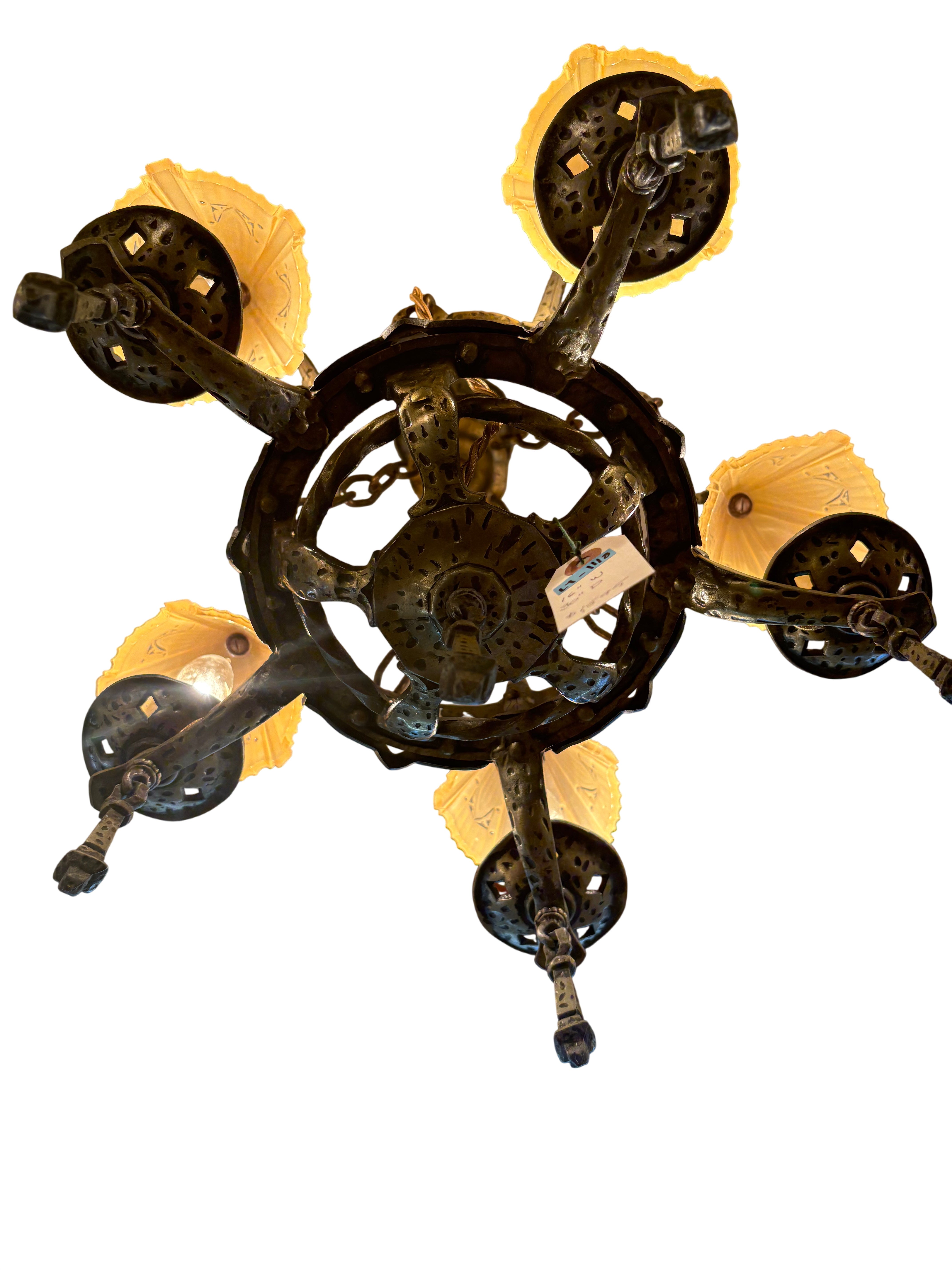 Five-Light Wrought Iron Chandelier with Slip Shades – Original 1920s–1930s (LT-1118)