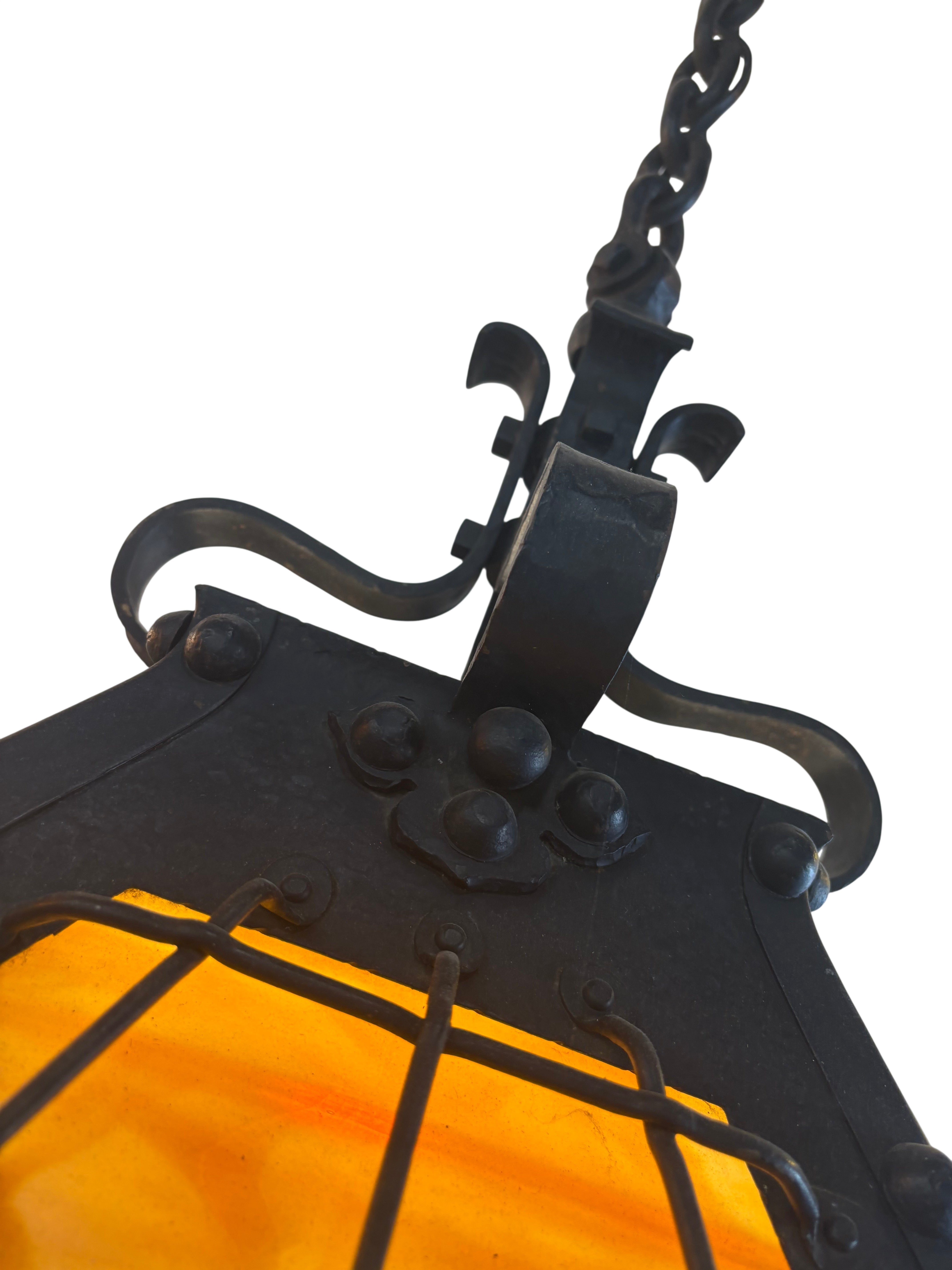 Arts & Crafts Hanging Lantern with Amber Glass Panels-Wrought Iron, Circa 1920s–1930s (lt-1124)