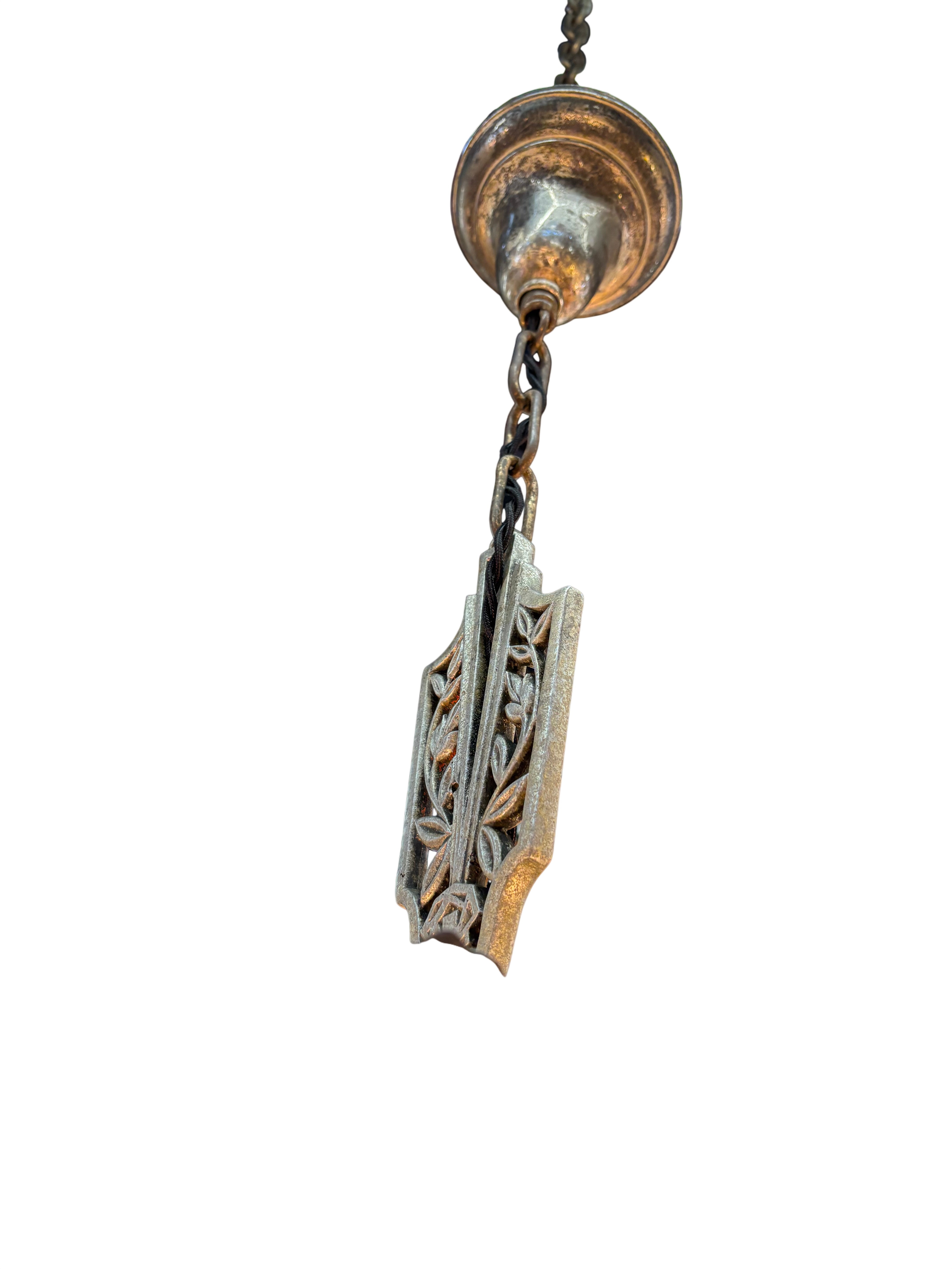 Art Deco three light chandelier with molded glass shades – likely 1930s cast metal fixture (LT- 1089)