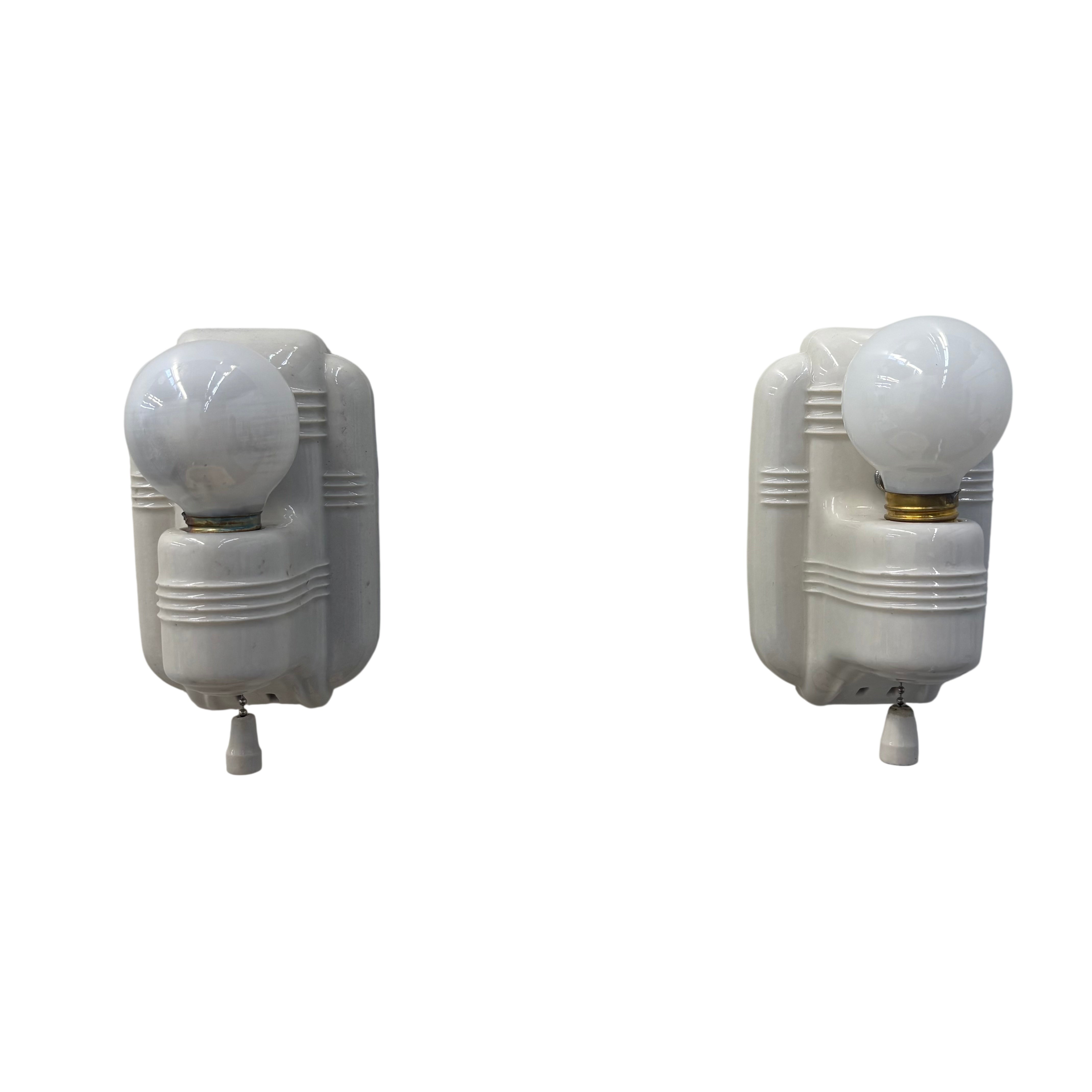 Porcelain wall sconce Pair with pull chain – circa 1920s–1930s (LT-1161)