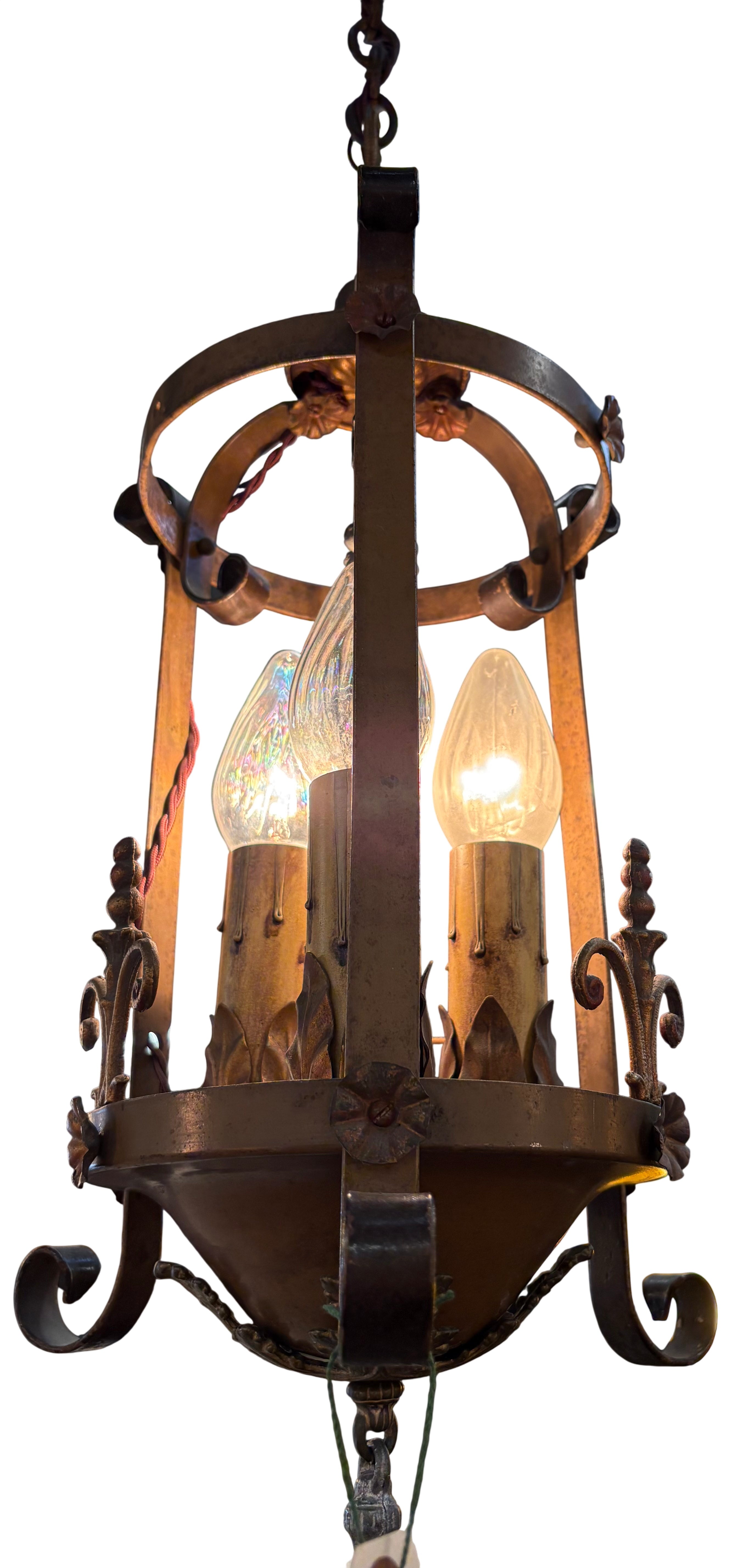 Vintage Wrought Iron Three-Light Hanging Chandelier – 1920s–1930s (LT-1091)