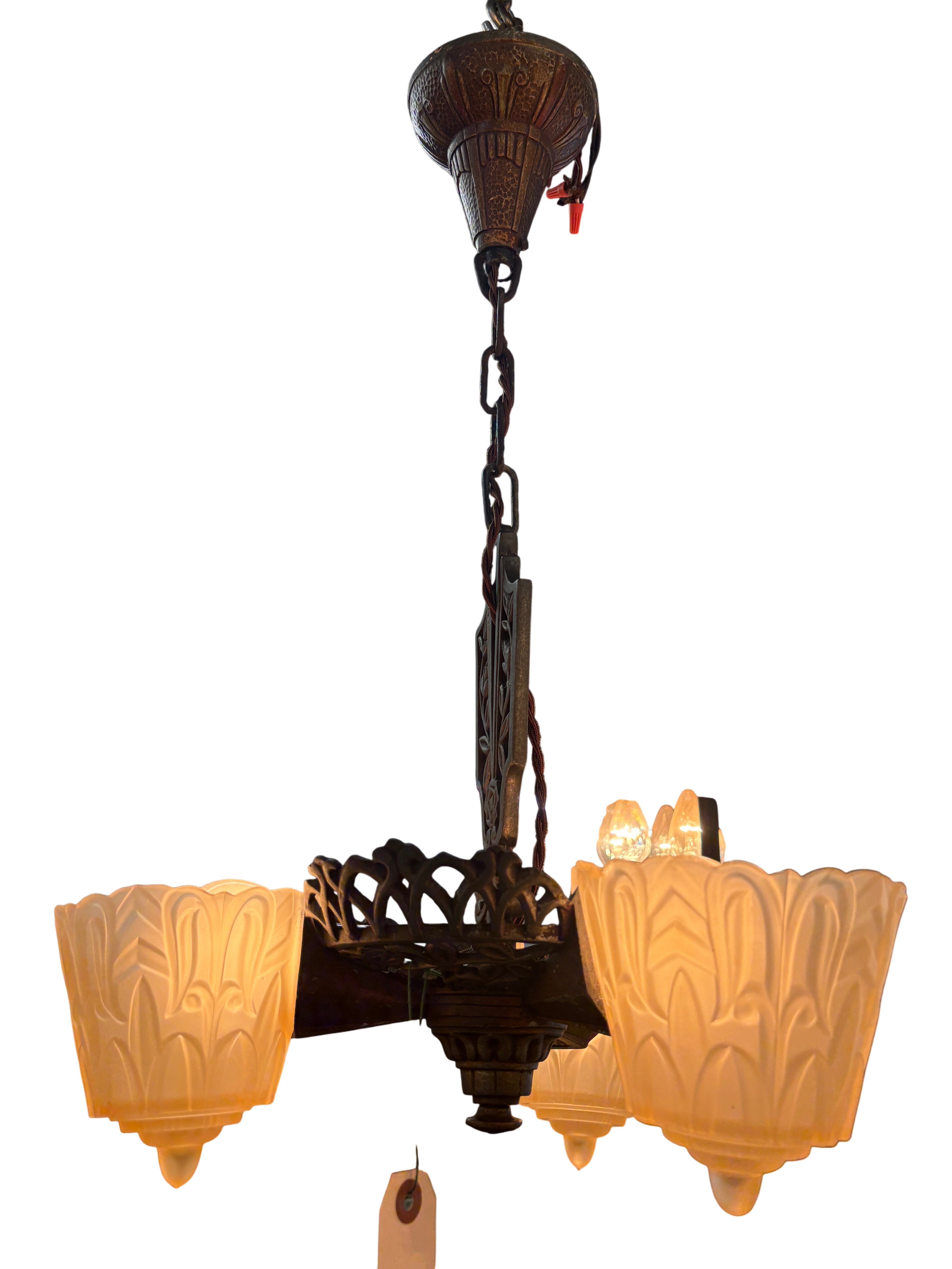 Art Deco chandelier with molded glass shades – original 1930s (LT-1092)