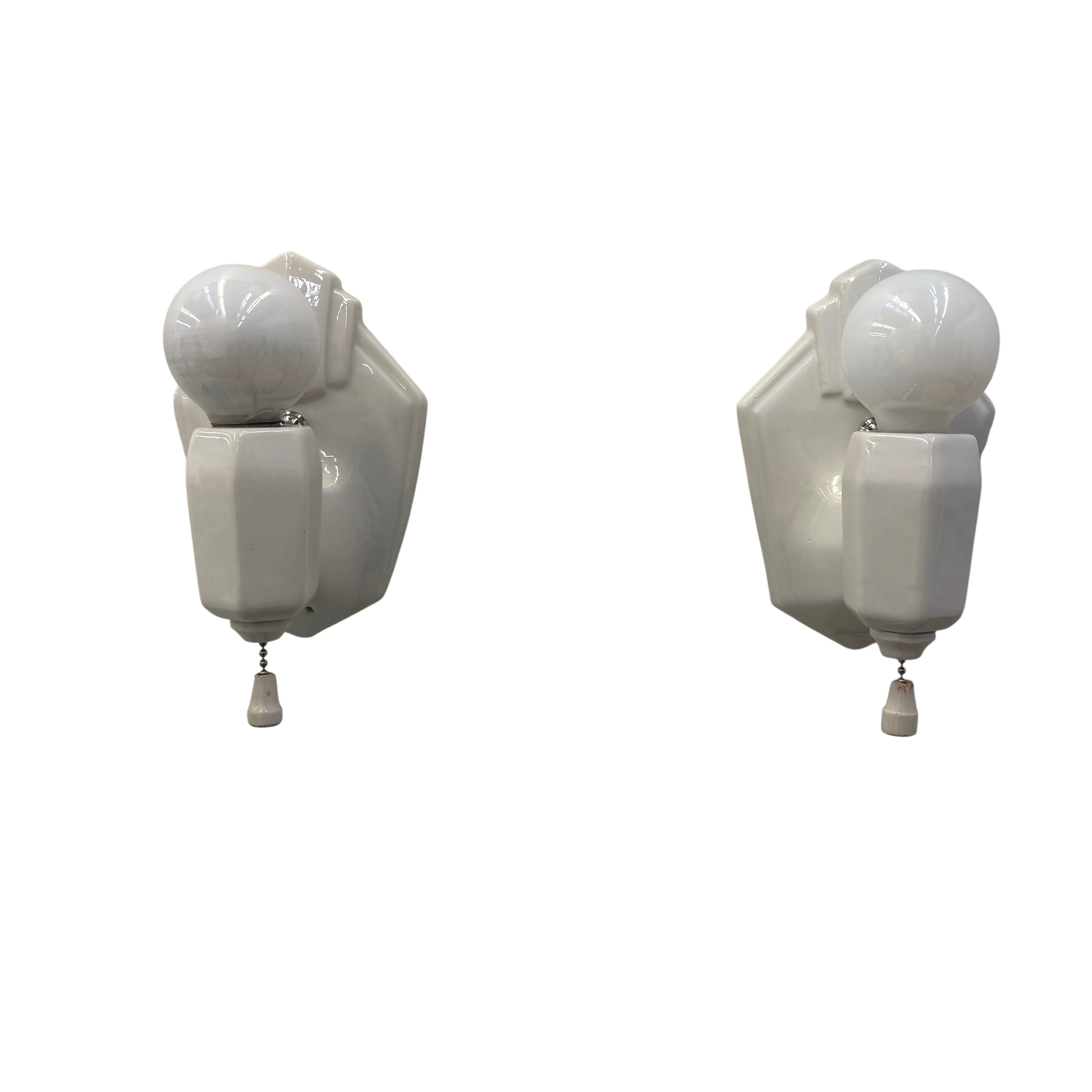 Porcelain wall sconce Pair with pull chain – circa 1920s–1930s (LT-1163)