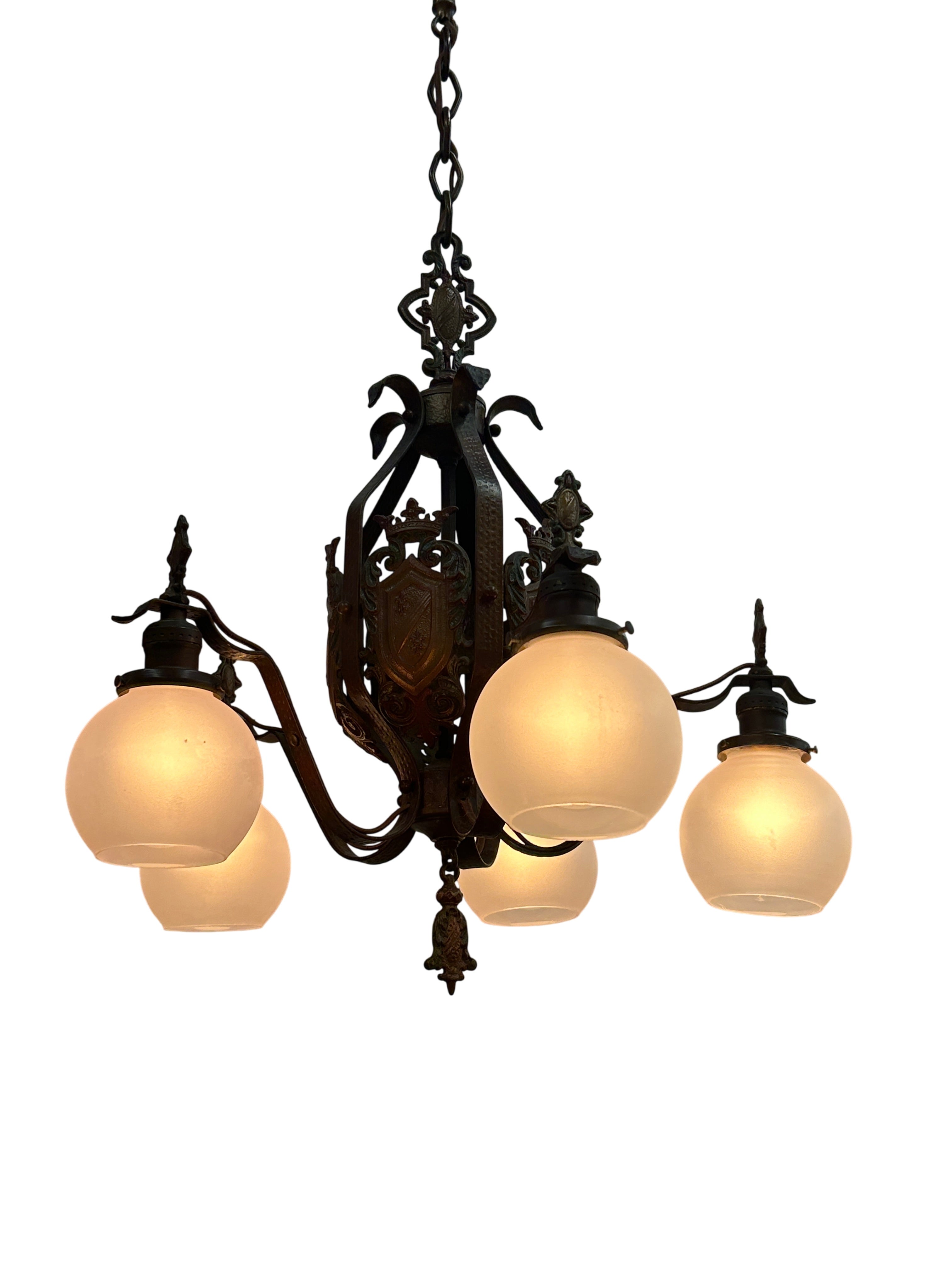 Five light chandelier with glass globe shades – original 1920s (LT-517)