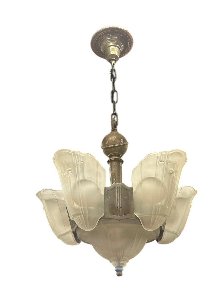 Art Deco 7-Light Slip-Shade Chandelier with Frosted Glass Shades – c. 1930s (LT-214)