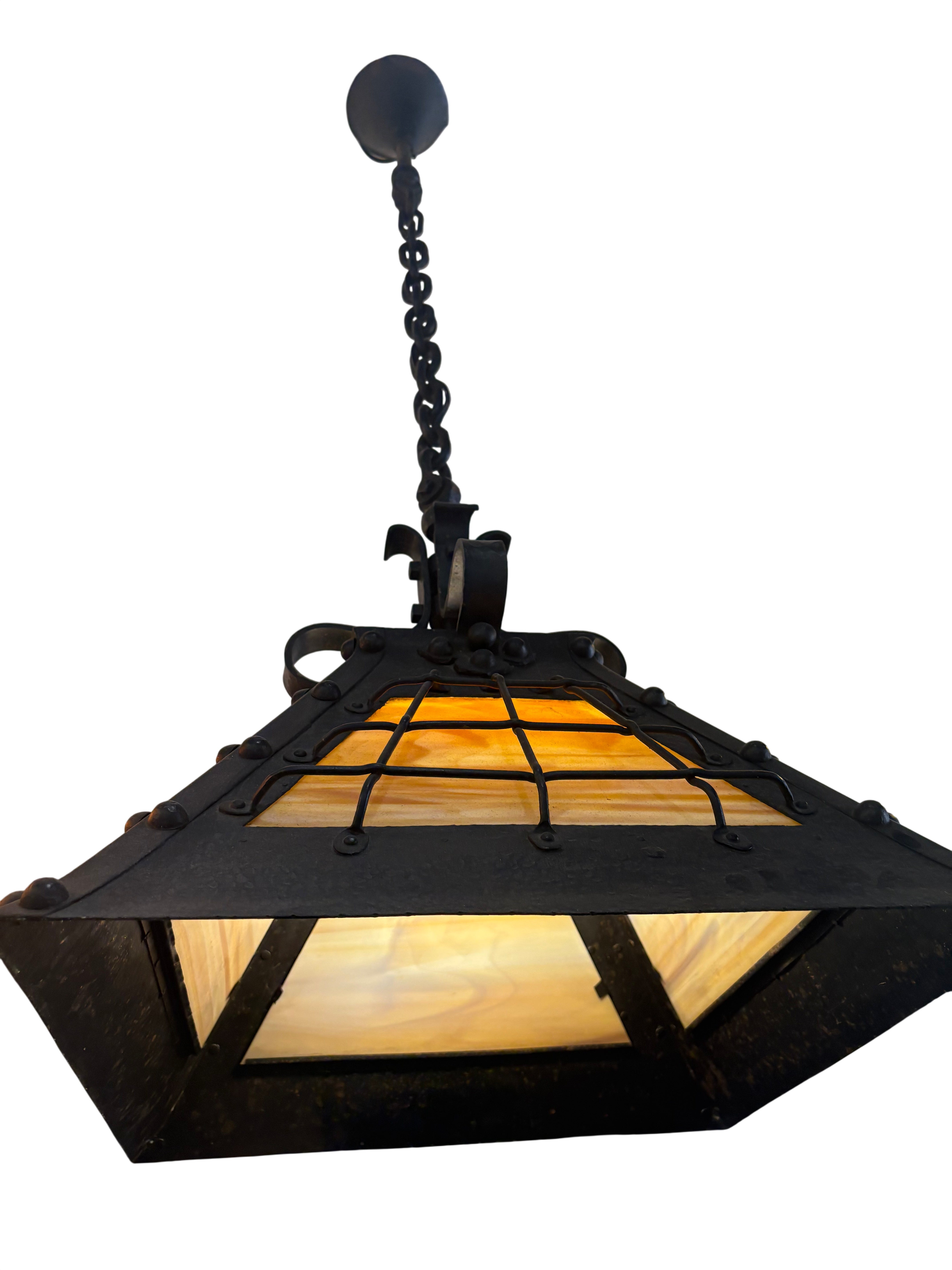 Arts & Crafts Hanging Lantern with Amber Glass Panels-Wrought Iron, Circa 1920s–1930s (lt-1124)
