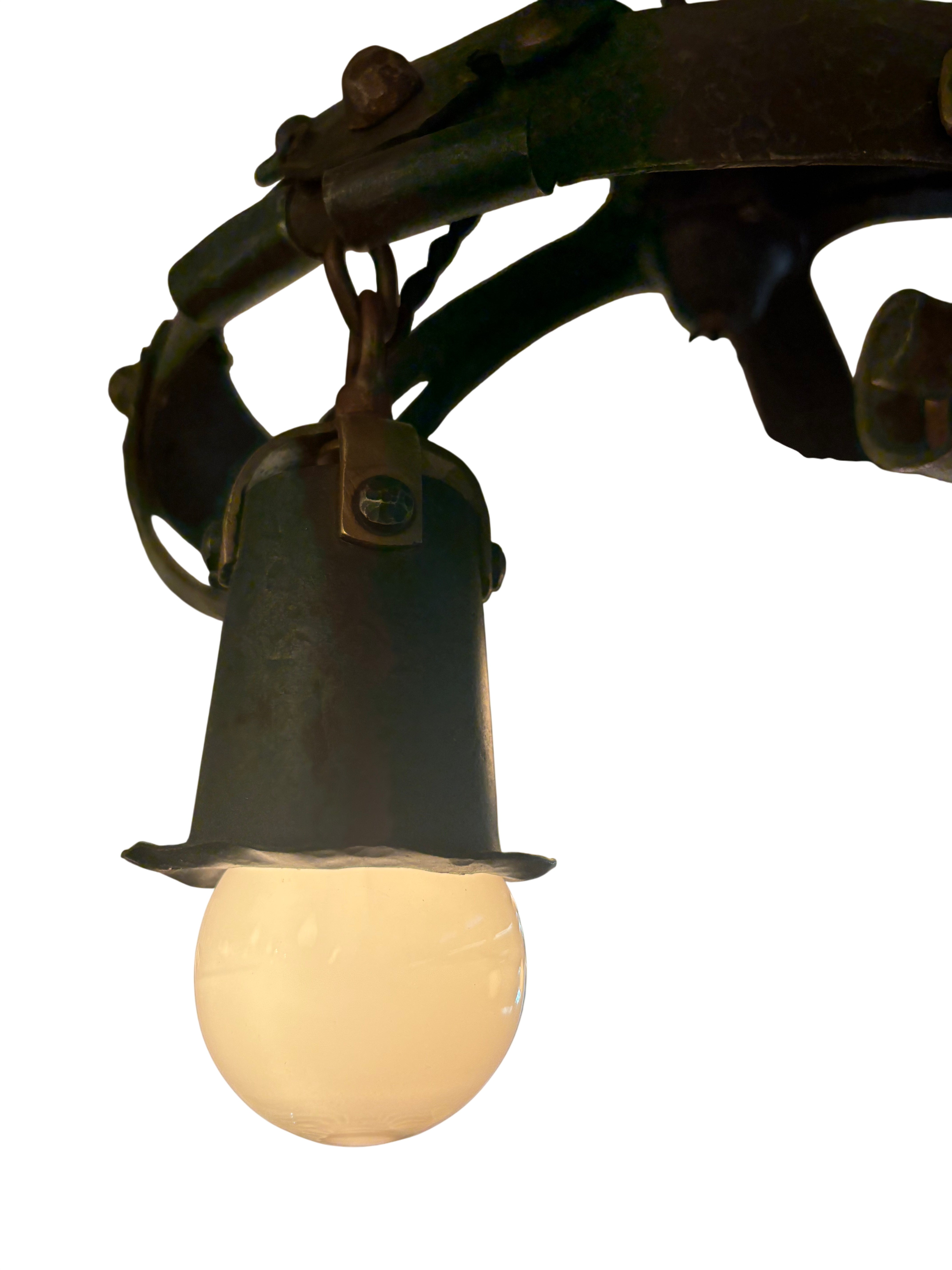 Rustic Hammered Iron Chandelier with Glass Globes-circa 1920s–1930s (lt-1121)