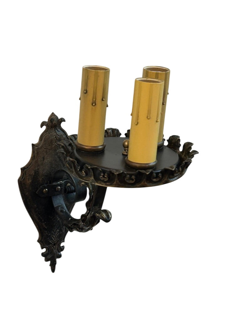 Three-Light Cast Bronze Wall Sconce Pair – Original 1920s (LT-595)