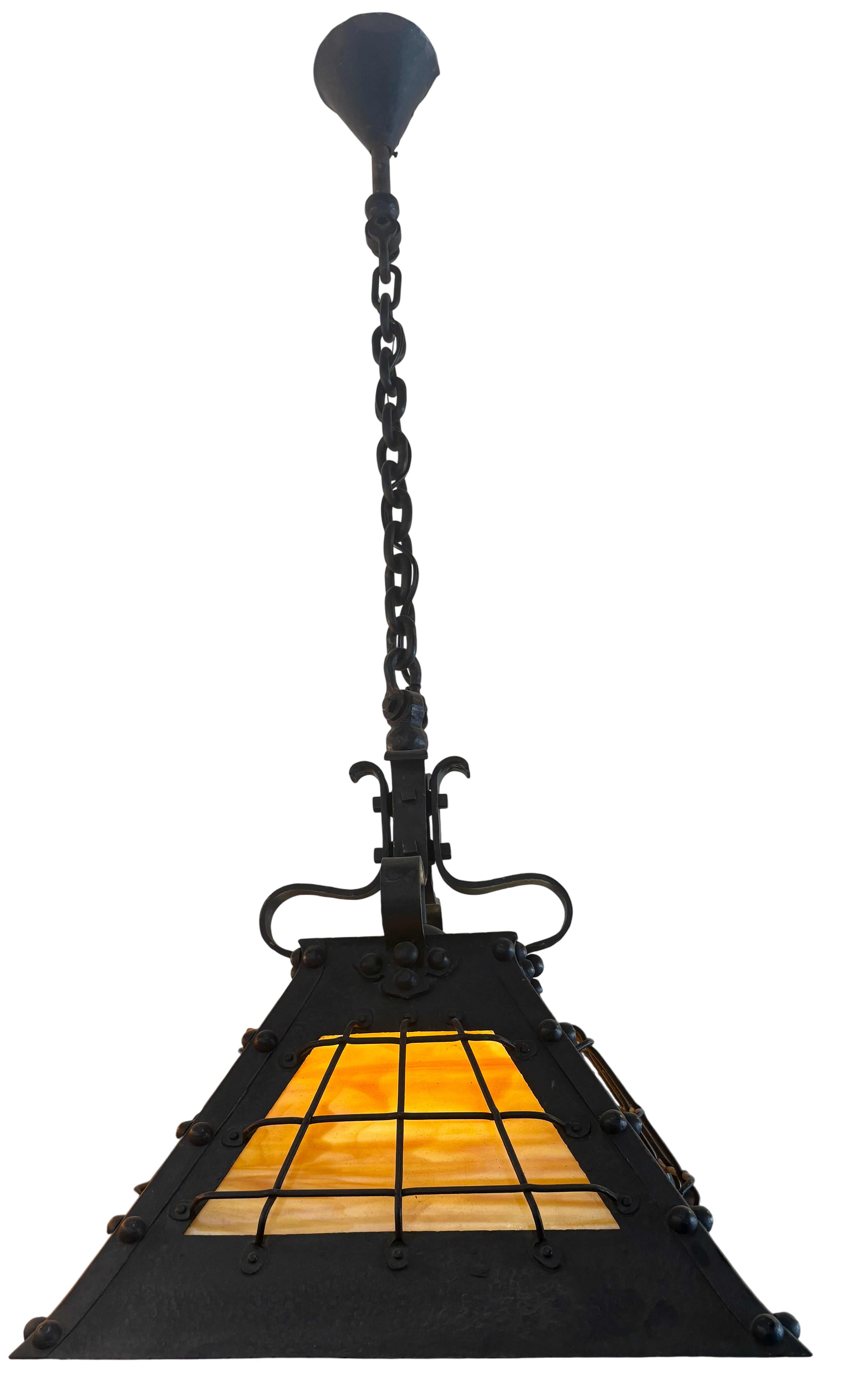 Arts & Crafts Hanging Lantern with Amber Glass Panels-Wrought Iron, Circa 1920s–1930s (lt-1124)