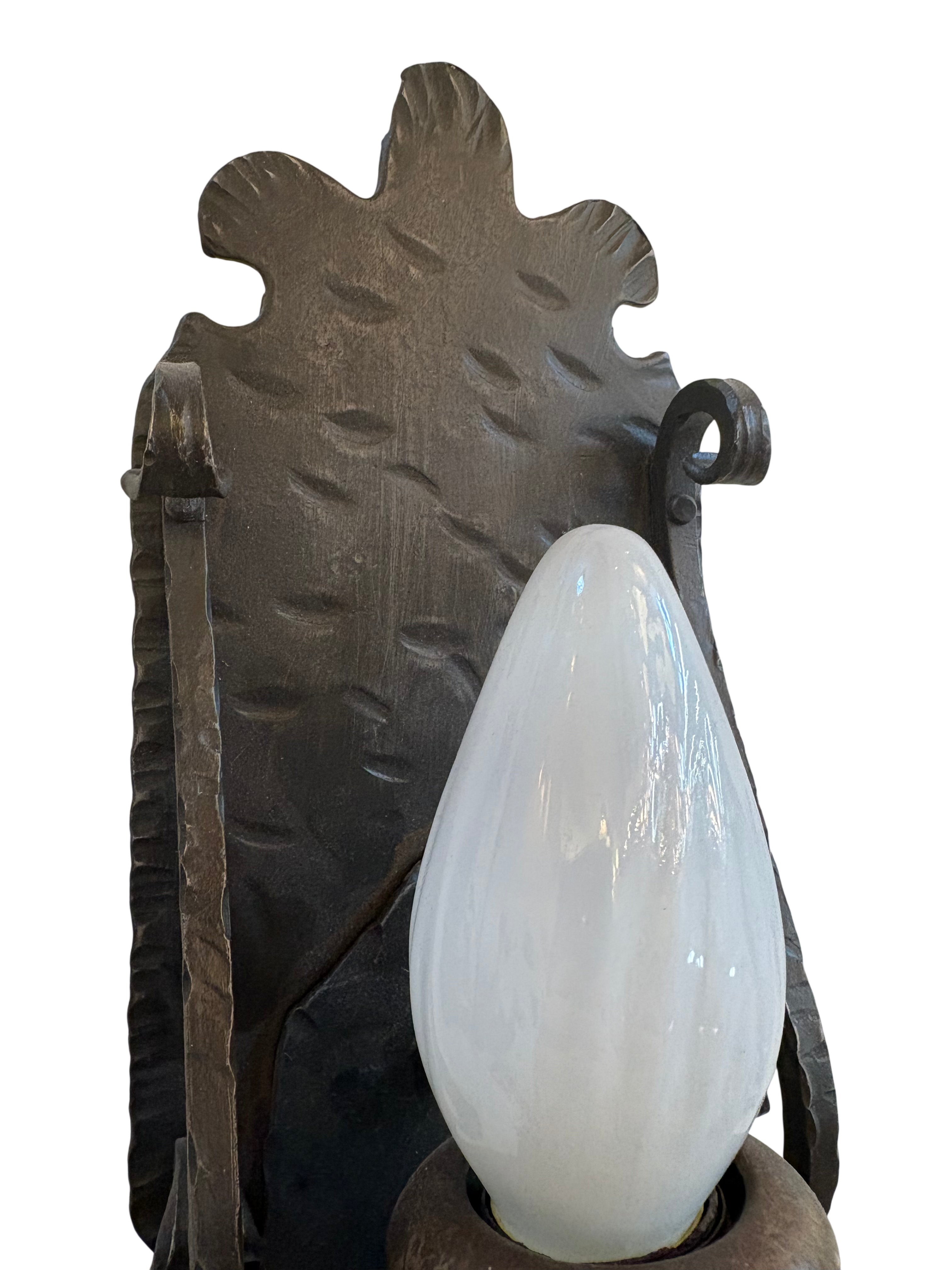 Wrought Iron Wall Sconce with Milk Glass Flame Shade – c. 1920s–1930s (LT-1096)