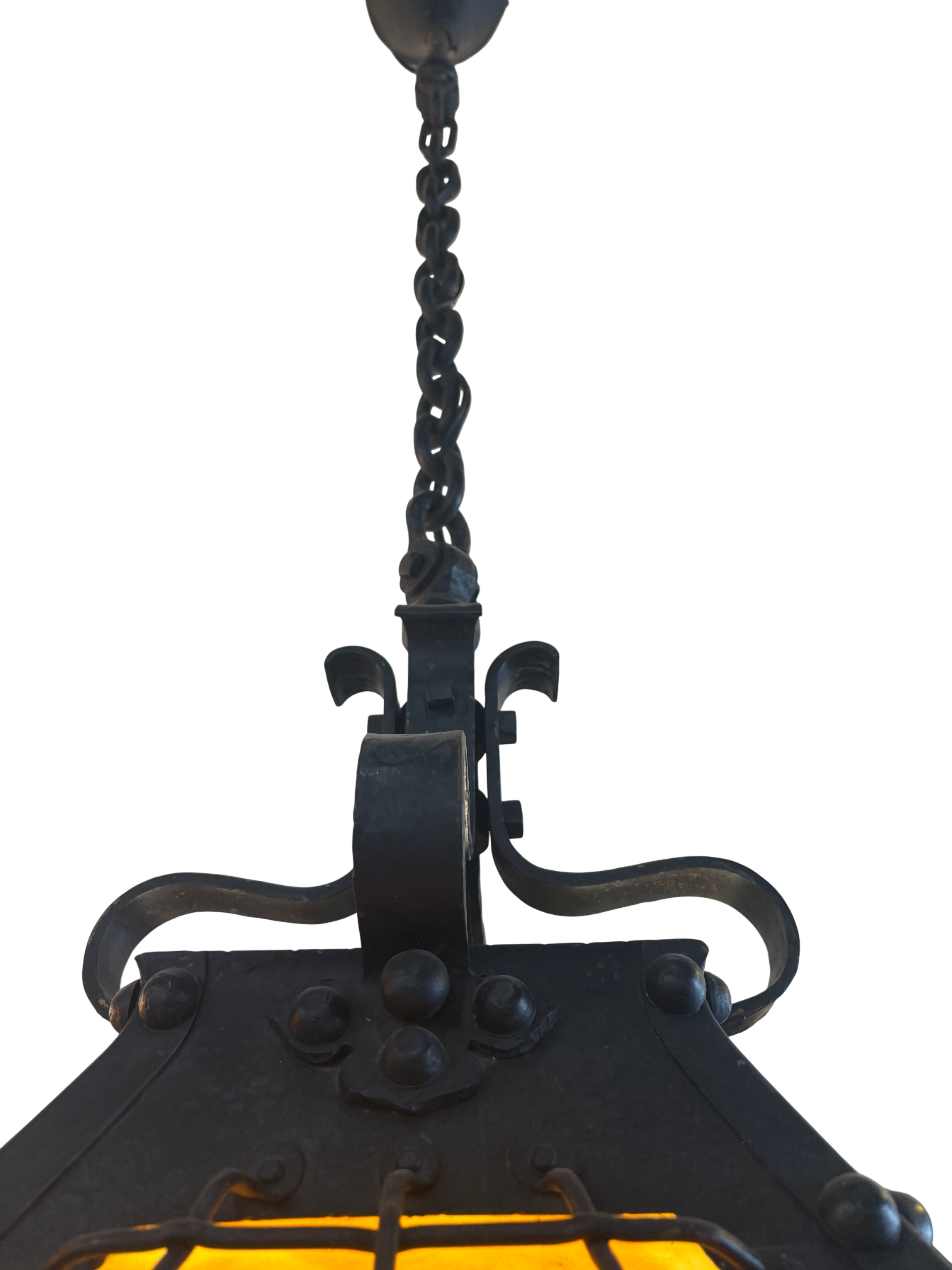 Arts & Crafts Hanging Lantern with Amber Glass Panels-Wrought Iron, Circa 1920s–1930s (lt-1124)