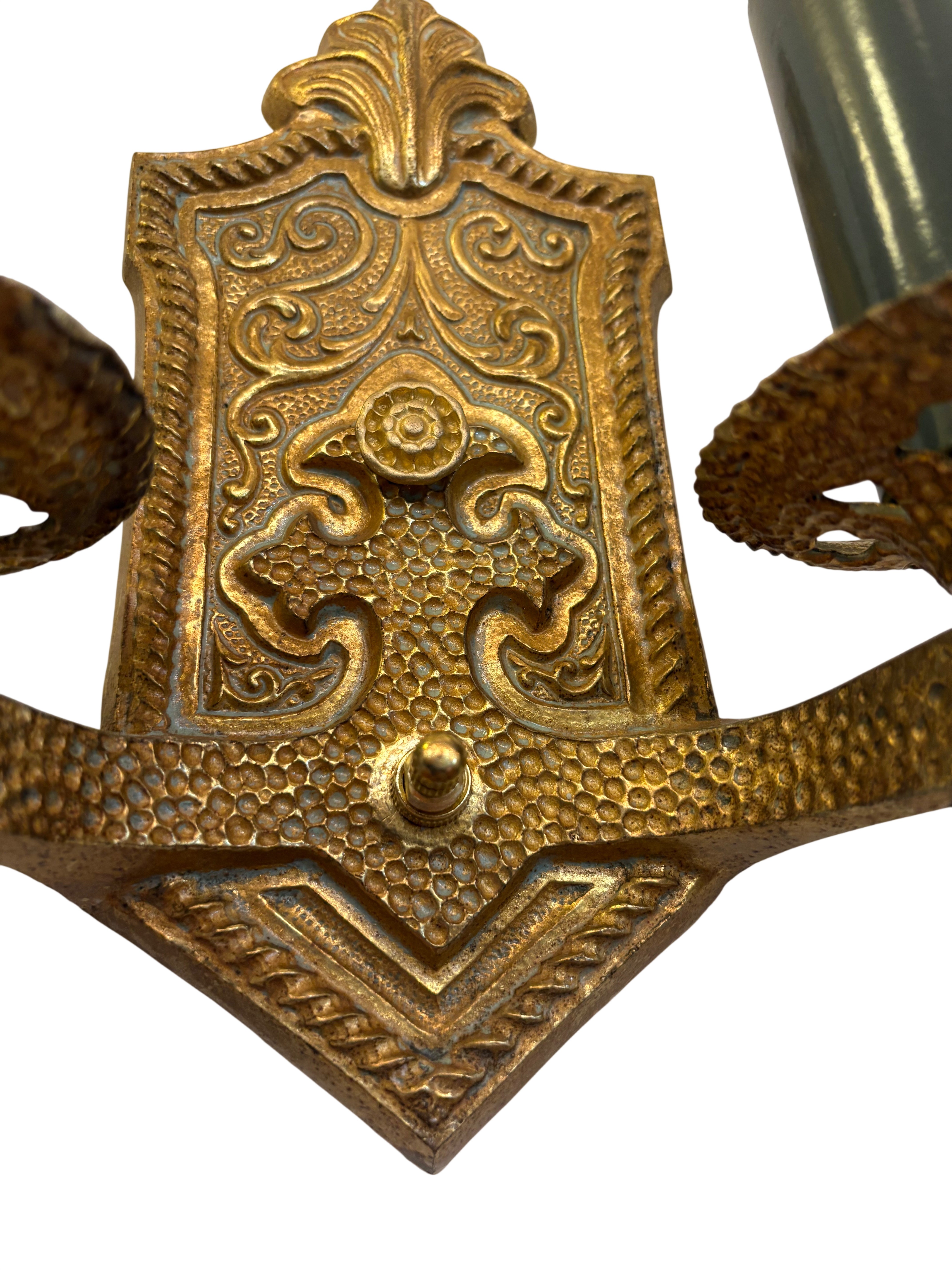 Decorative double arm wall sconce with hammered backplate - 1920s–1930s cast metal Sconce Pair  (LT-1099)