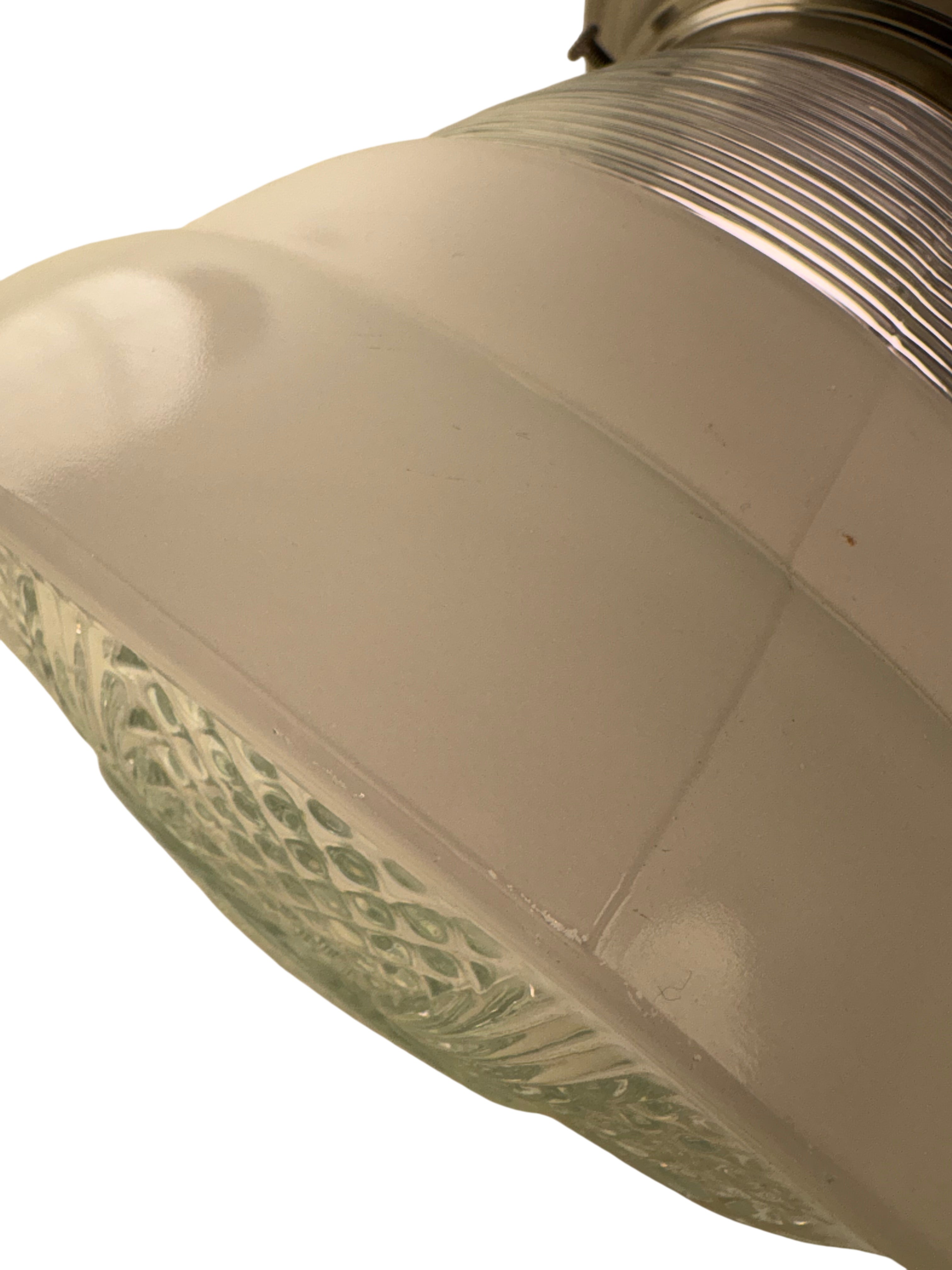 Vintage ribbed glass ceiling mount light – nickel plated fixture with milk glass diffuser (c. 1940s–1950s)(LT-1107)