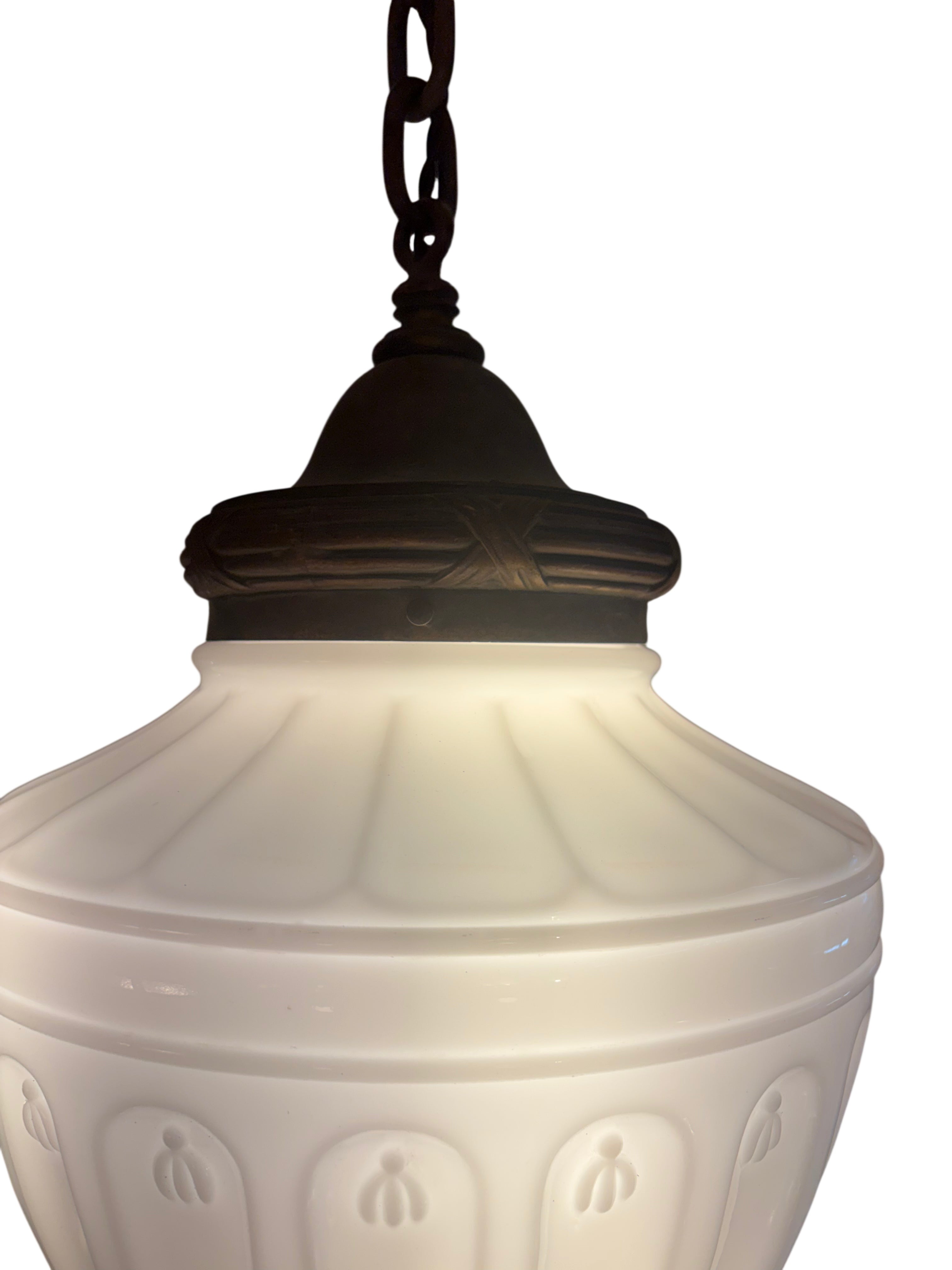 Art Deco pendant chandelier with embossed glass shade – original 1930s (LT-1116)