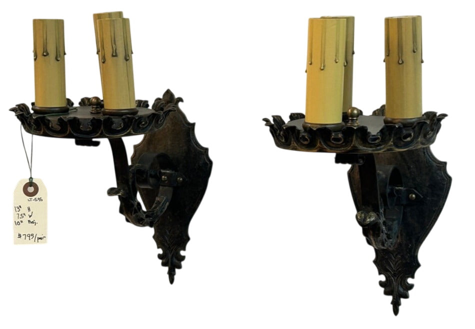 Three-Light Cast Bronze Wall Sconce Pair – Original 1920s (LT-595)