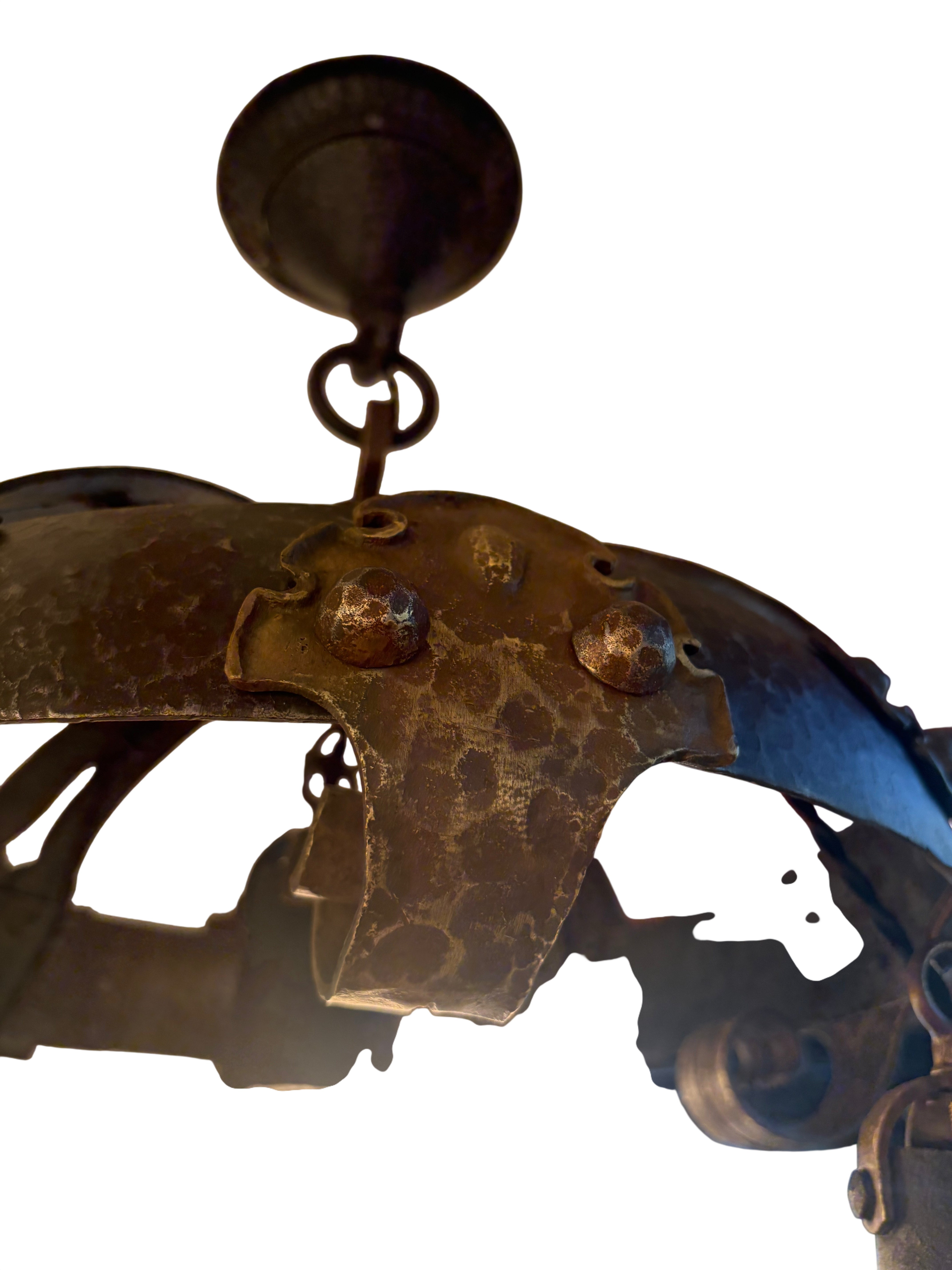 Rustic Hammered Iron Chandelier with Glass Globes-circa 1920s–1930s (lt-1121)