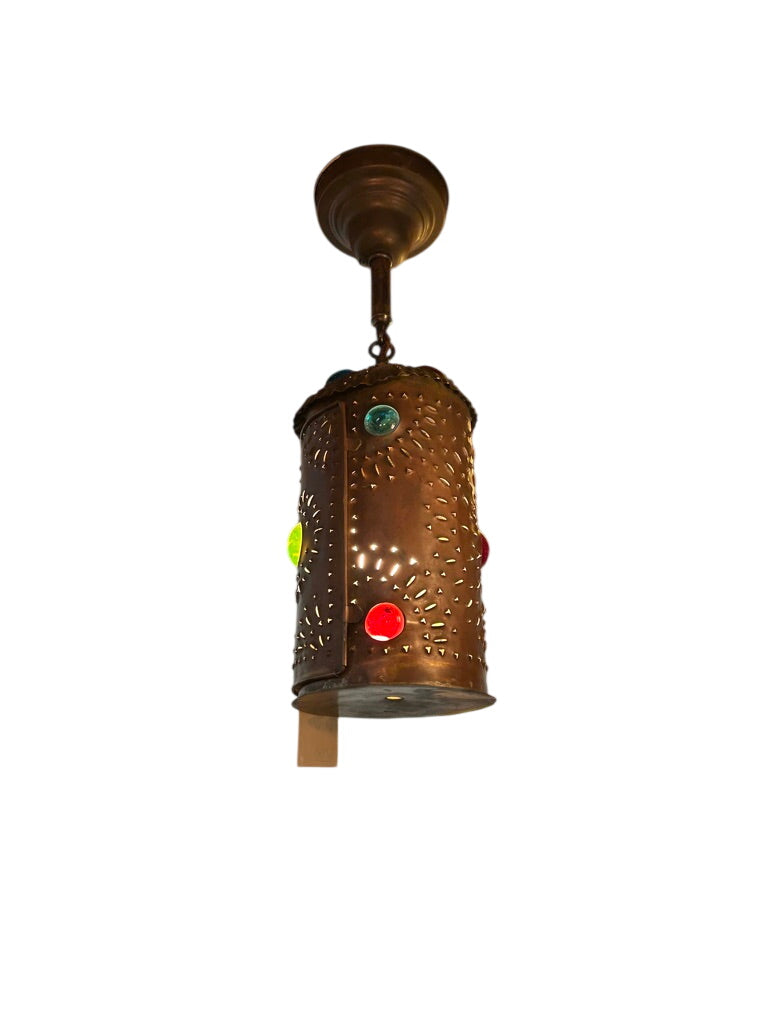 Pierced metal cylinder pendant with colored glass accents – 1920s–1930s (LT-832)