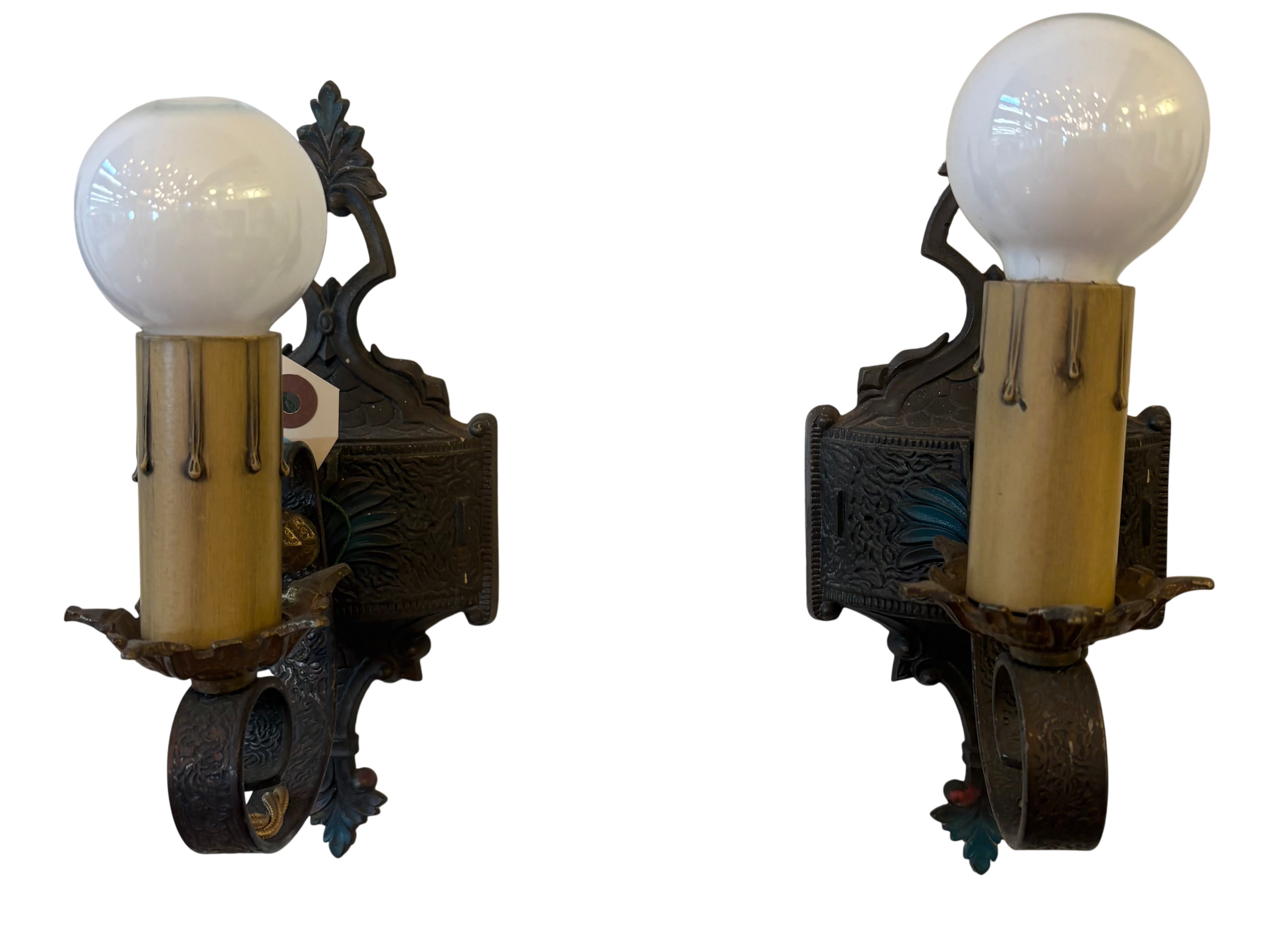 Art Deco / Tudor style wall sconce with candle sleeve - original 1920s–1930s cast iron (LT-1101)