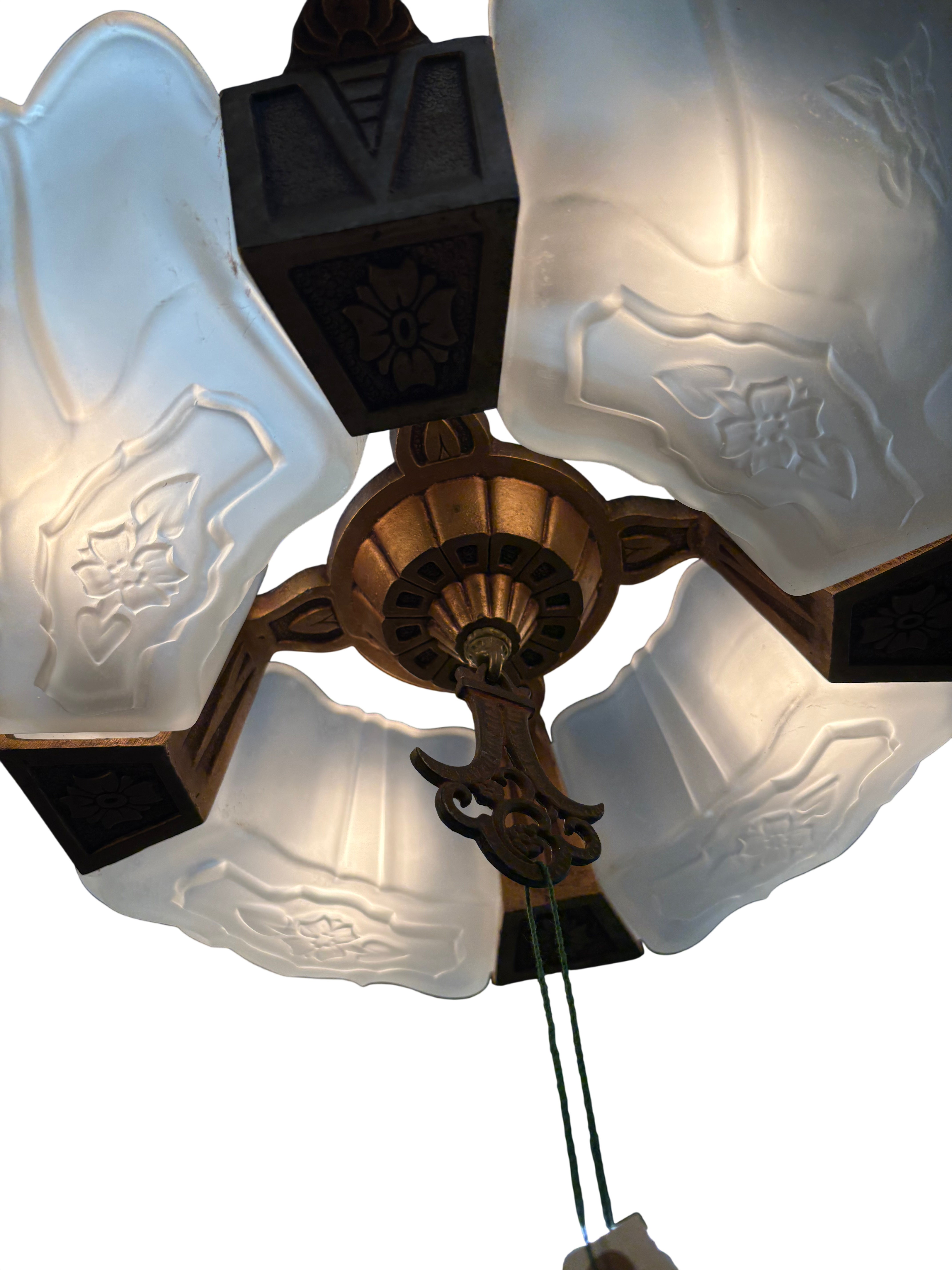 Four-Light Art Deco Slip Shade Chandelier-Polychrome Finish, Original 1930s (LT-1087)