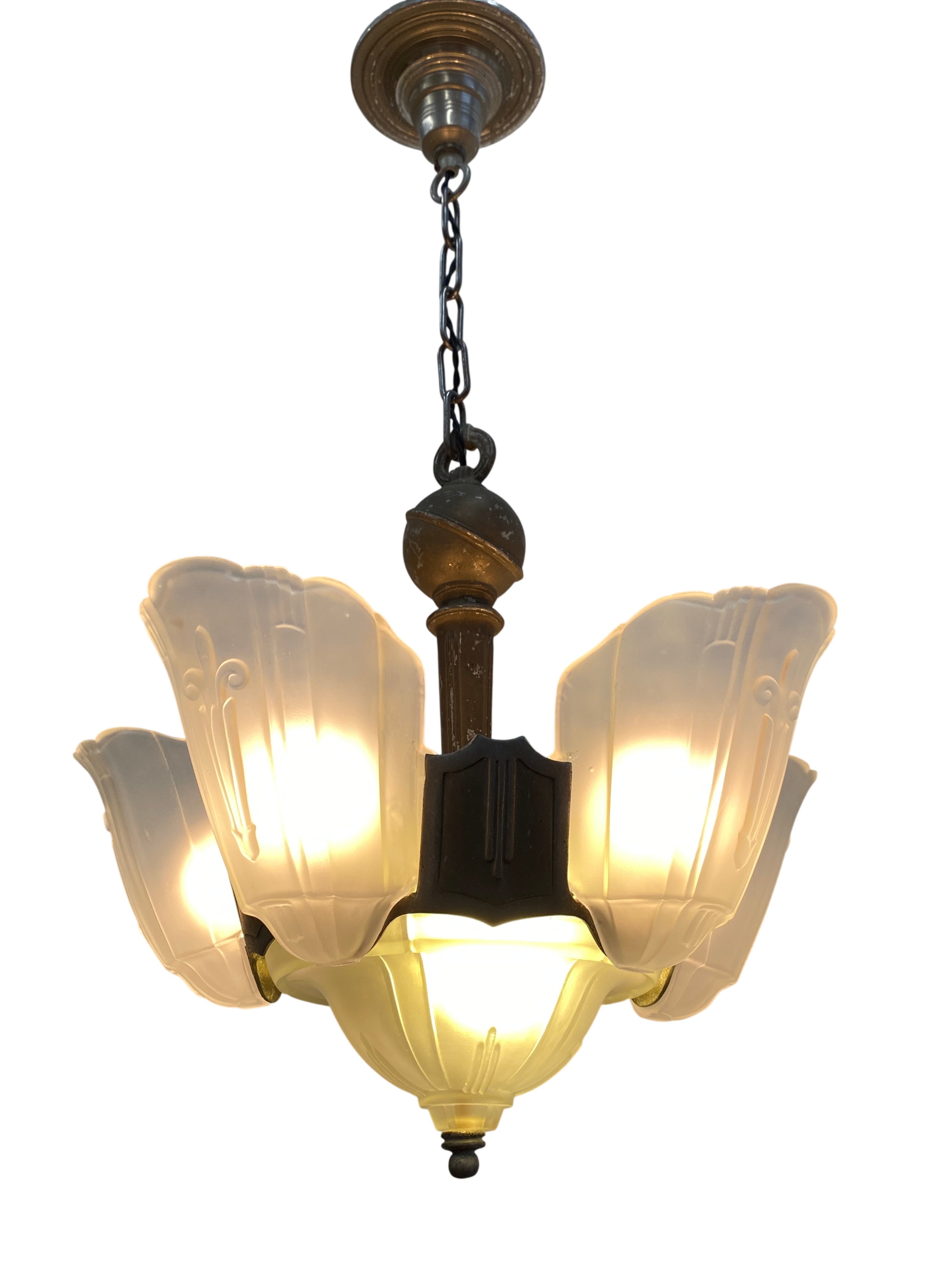 Art Deco 7-Light Slip-Shade Chandelier with Frosted Glass Shades – c. 1930s (LT-214)