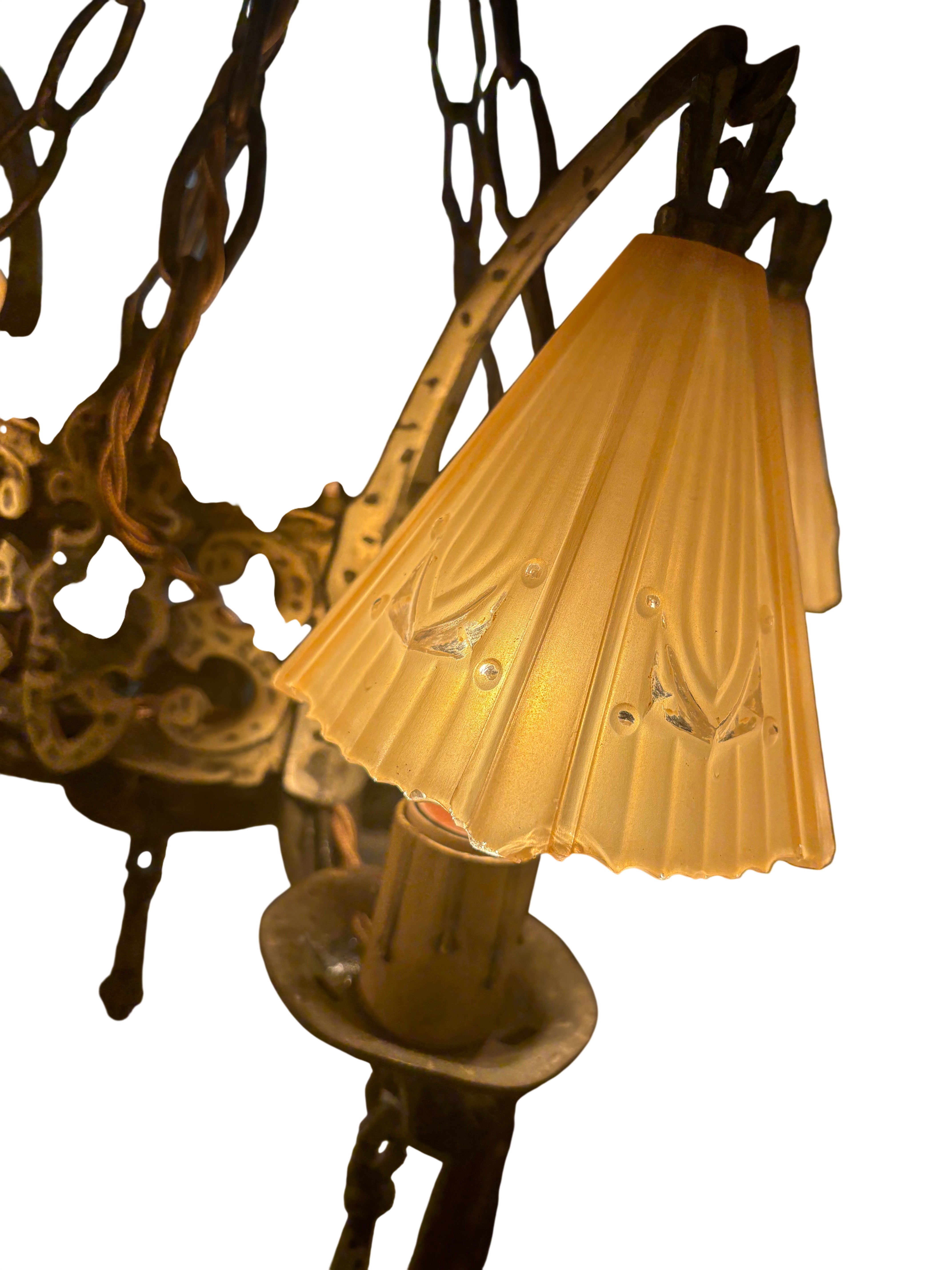 Five-Light Wrought Iron Chandelier with Slip Shades – Original 1920s–1930s (LT-1118)