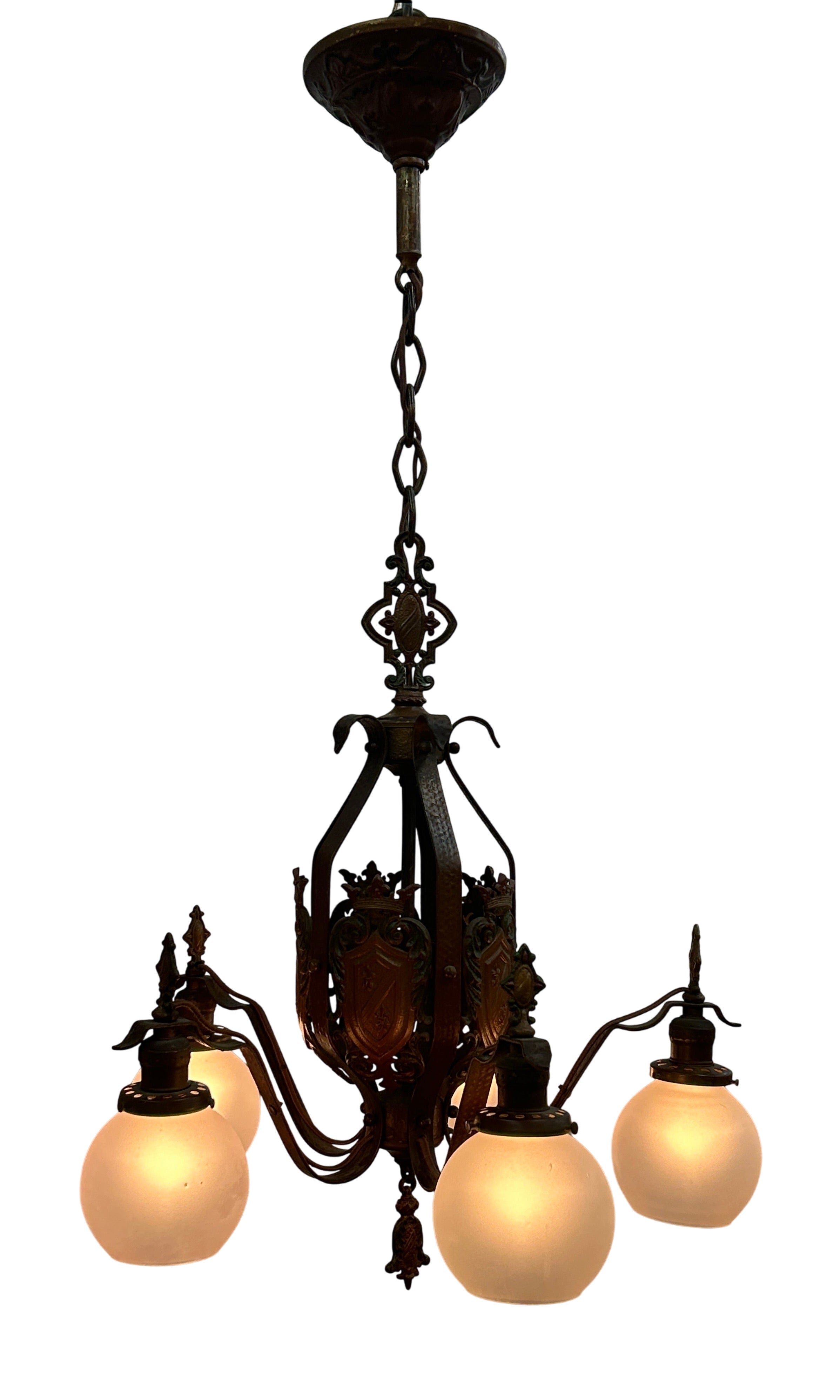 Five light chandelier with glass globe shades – original 1920s (LT-517)