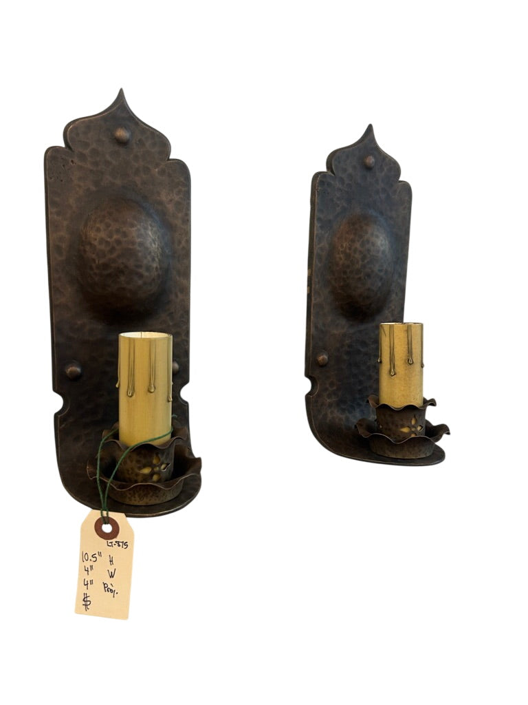 Hammered metal wall sconce pair with candle covers – circa 1920s–1930s (LT-875)
