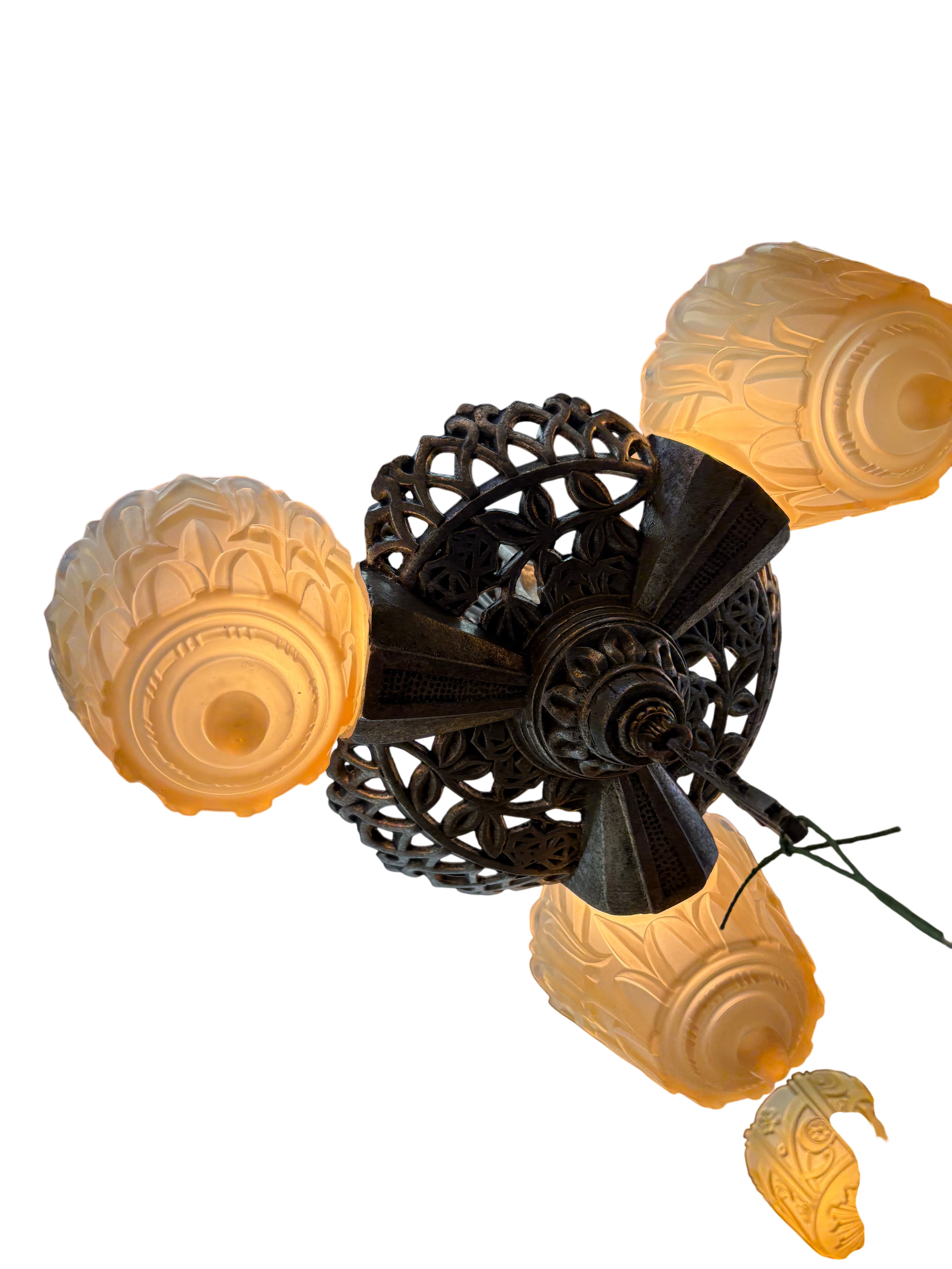 Art Deco three light chandelier with molded glass shades – likely 1930s cast metal fixture (LT- 1089)