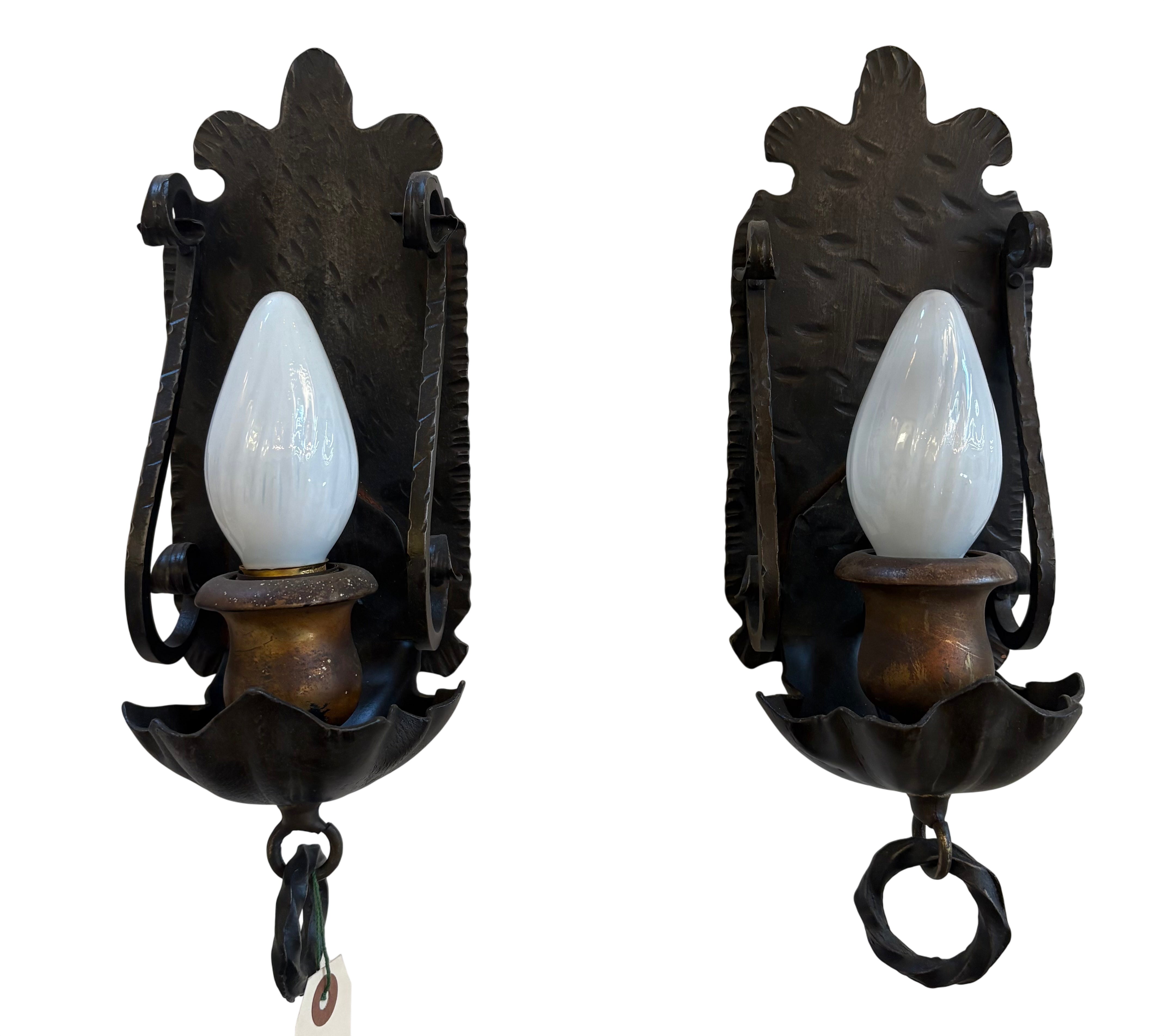 Wrought Iron Wall Sconce with Milk Glass Flame Shade – c. 1920s–1930s (LT-1096)