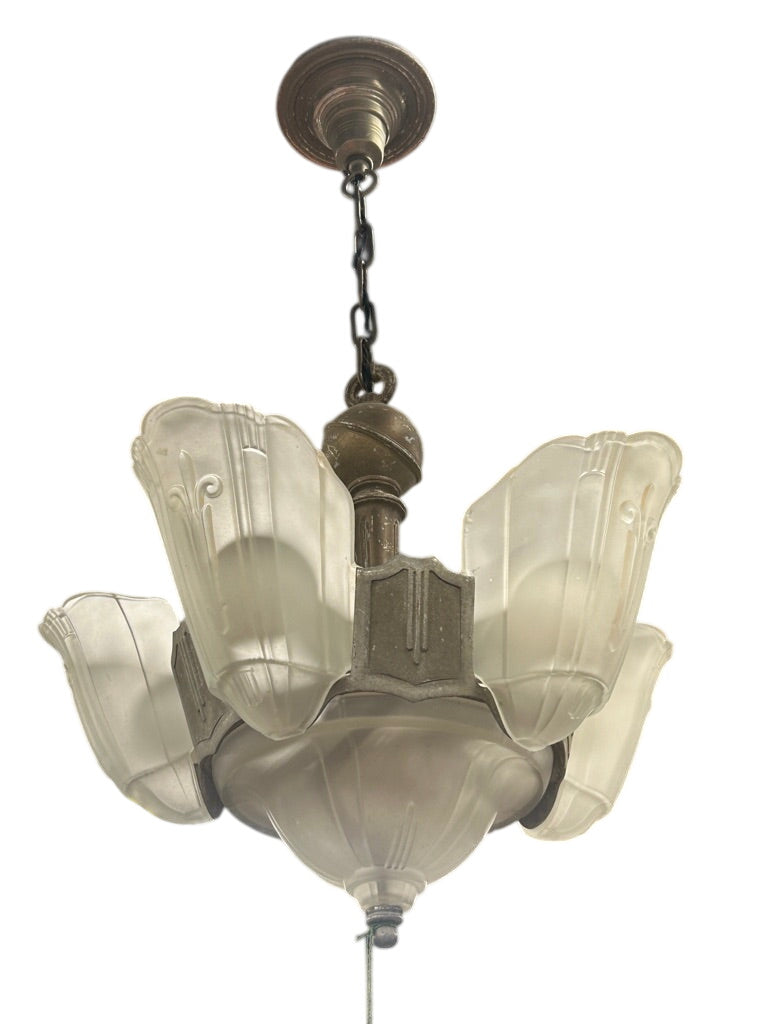 Art Deco 7-Light Slip-Shade Chandelier with Frosted Glass Shades – c. 1930s (LT-214)