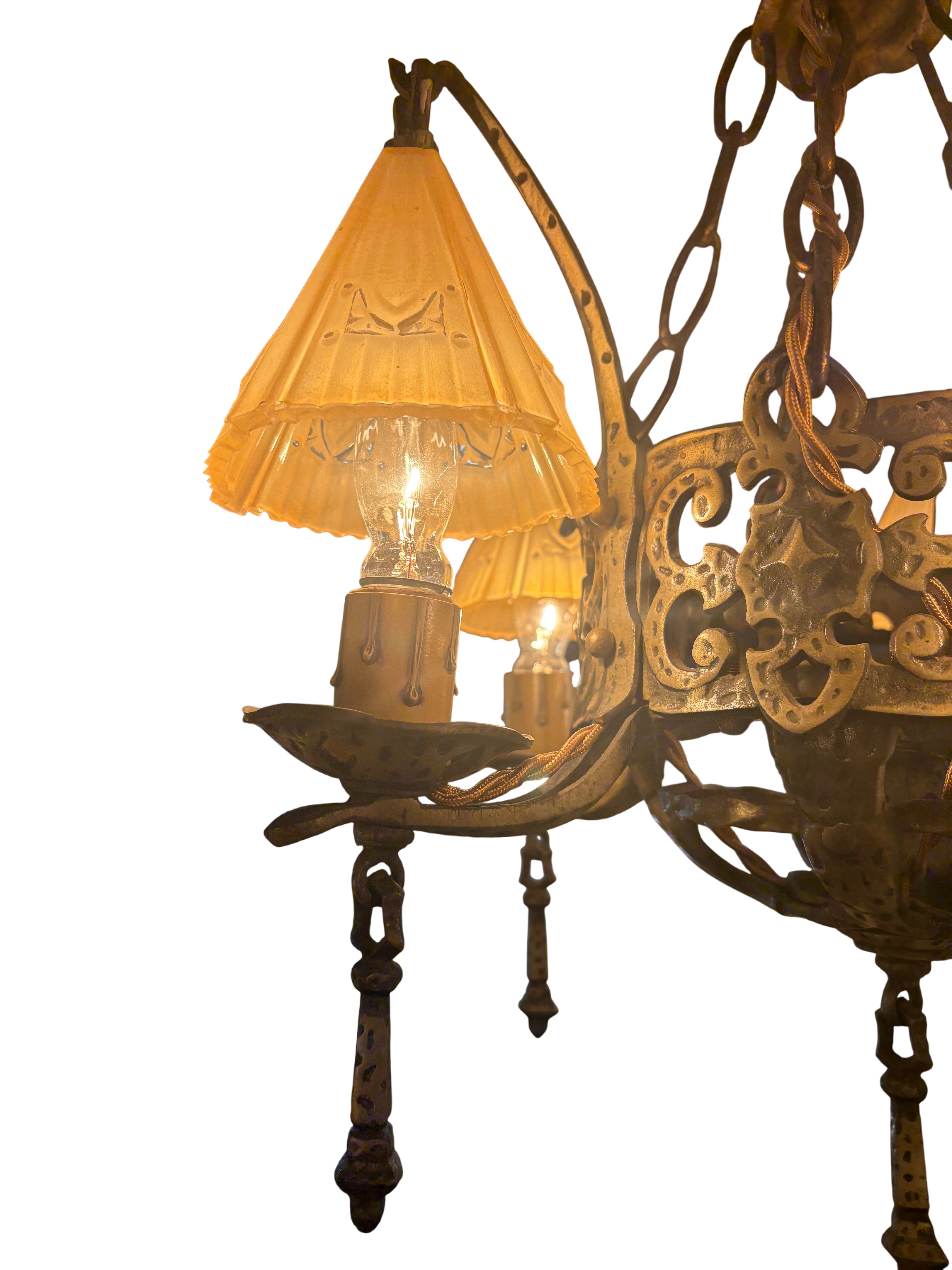 Five-Light Wrought Iron Chandelier with Slip Shades – Original 1920s–1930s (LT-1118)