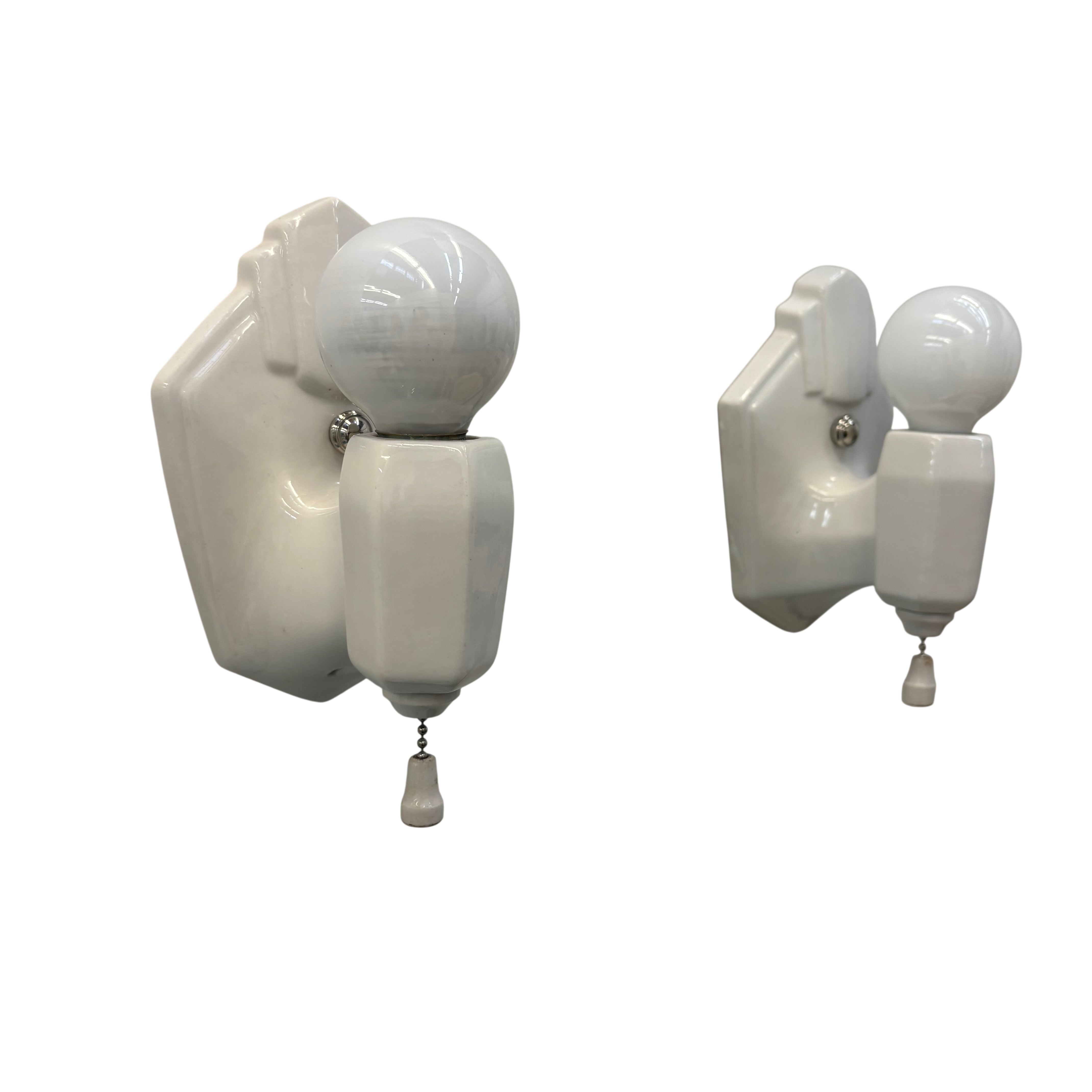 Porcelain wall sconce Pair with pull chain – circa 1920s–1930s (LT-1163)