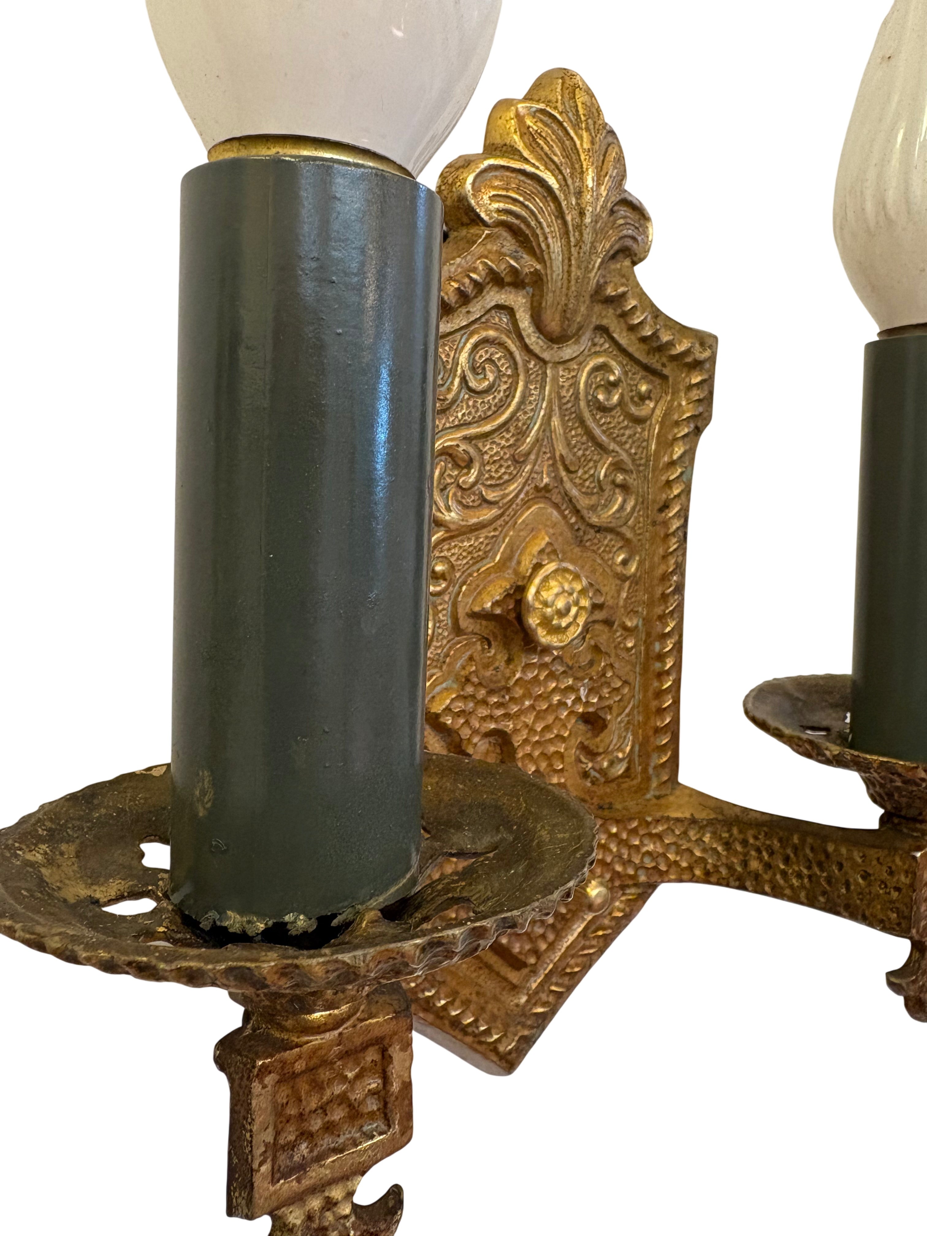 Decorative double arm wall sconce with hammered backplate - 1920s–1930s cast metal Sconce Pair  (LT-1099)
