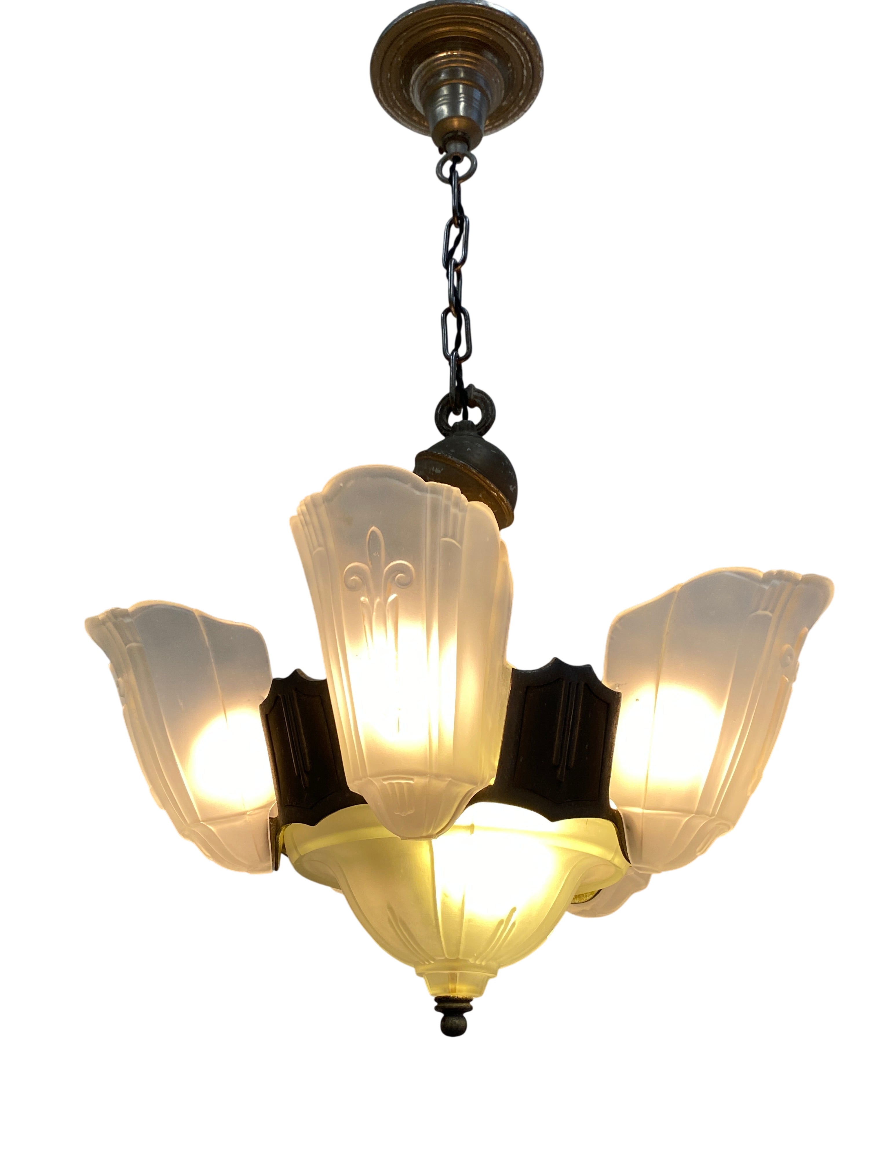 Art Deco 7-Light Slip-Shade Chandelier with Frosted Glass Shades – c. 1930s (LT-214)