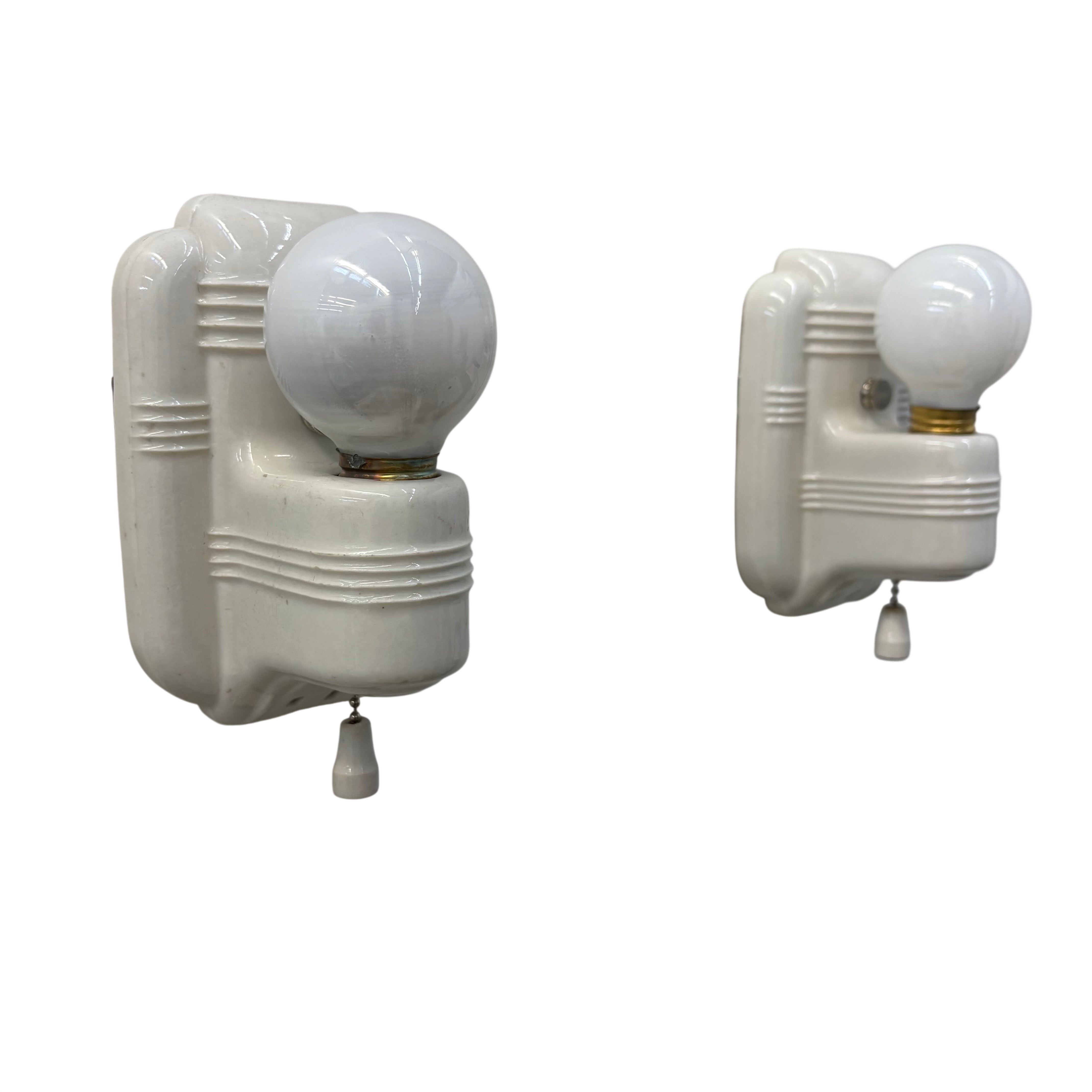 Porcelain wall sconce Pair with pull chain – circa 1920s–1930s (LT-1161)