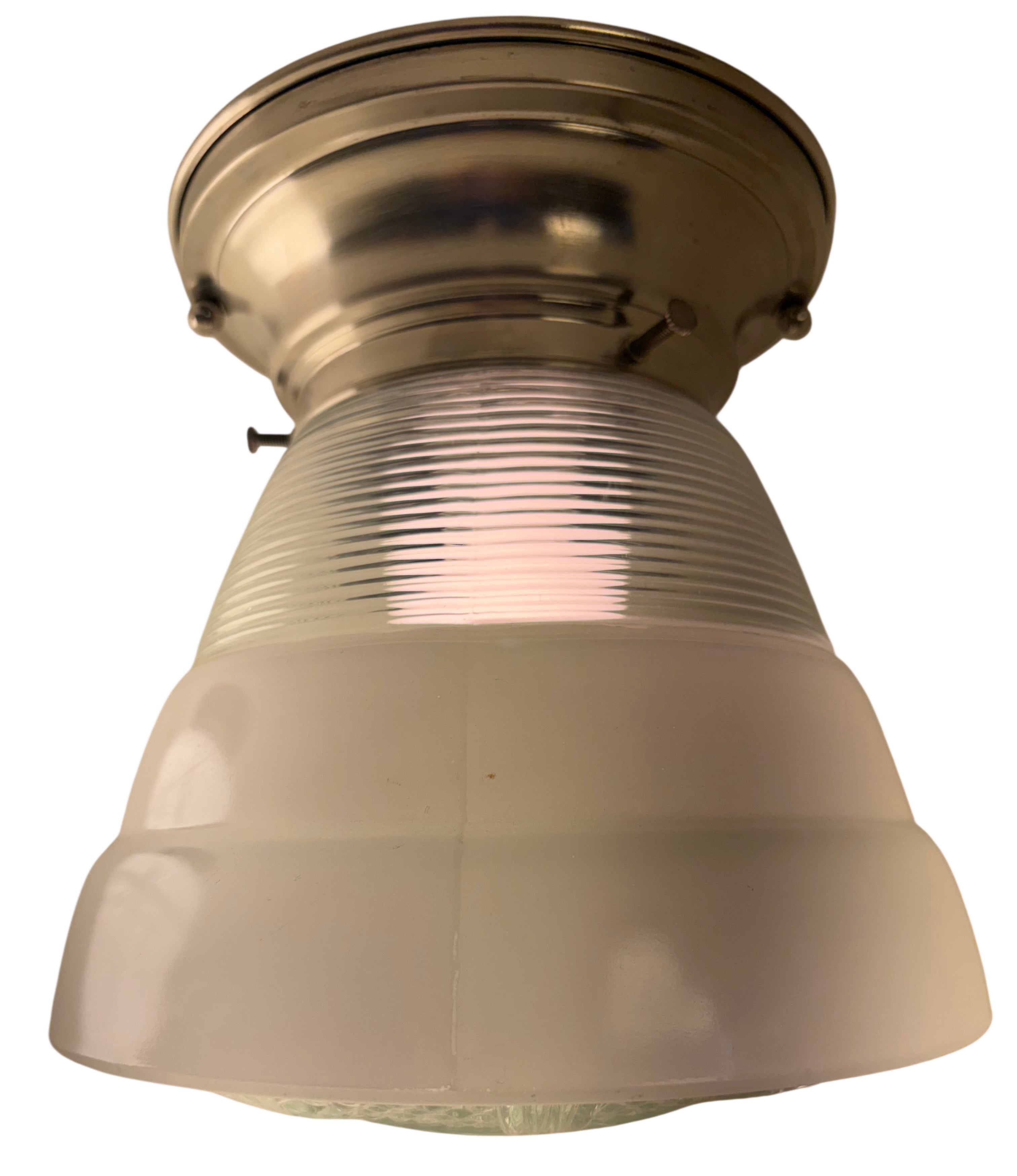 Vintage ribbed glass ceiling mount light – nickel plated fixture with milk glass diffuser (c. 1940s–1950s)(LT-1107)