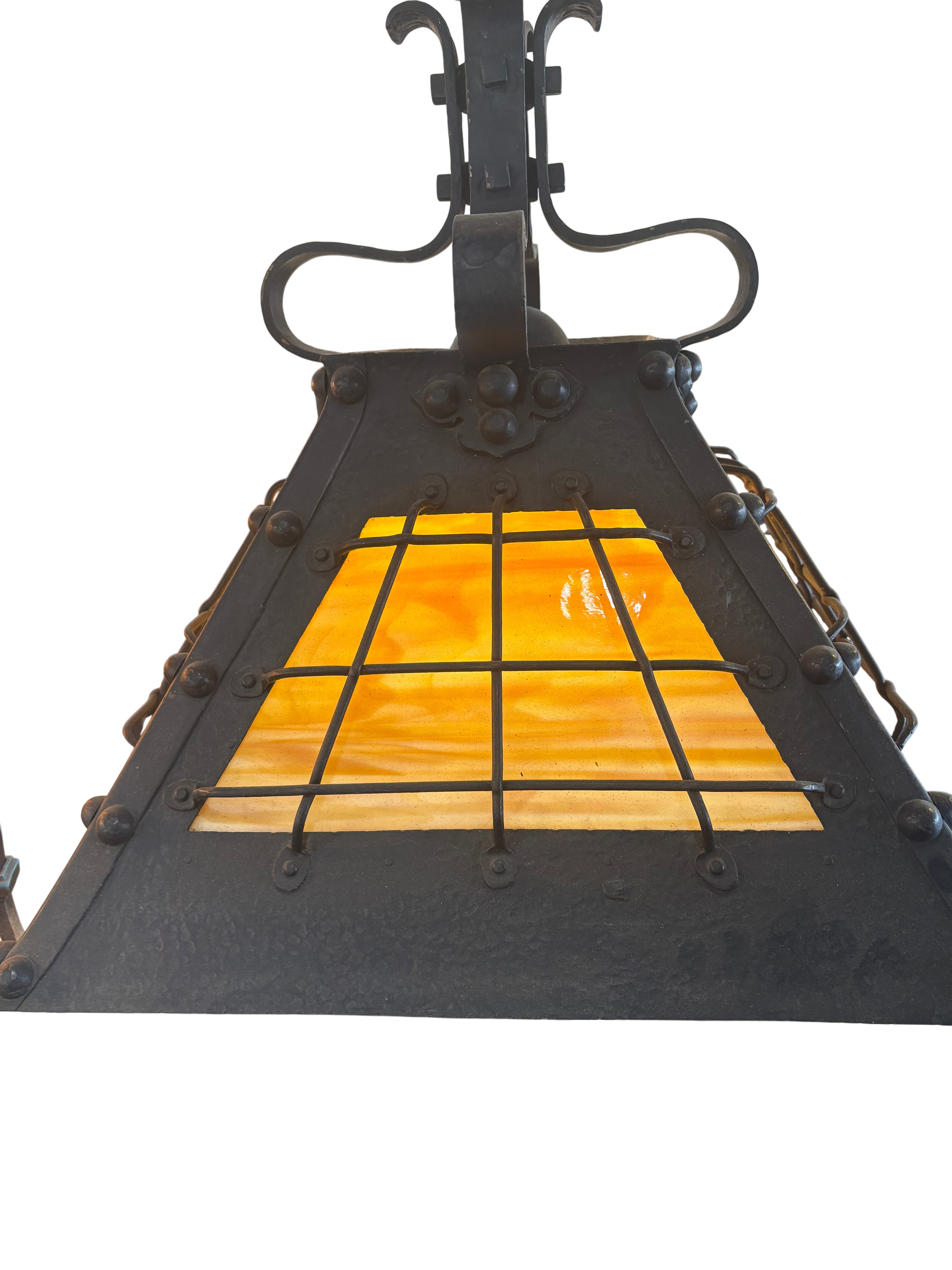 Arts & Crafts Hanging Lantern with Amber Glass Panels-Wrought Iron, Circa 1920s–1930s (lt-1124)
