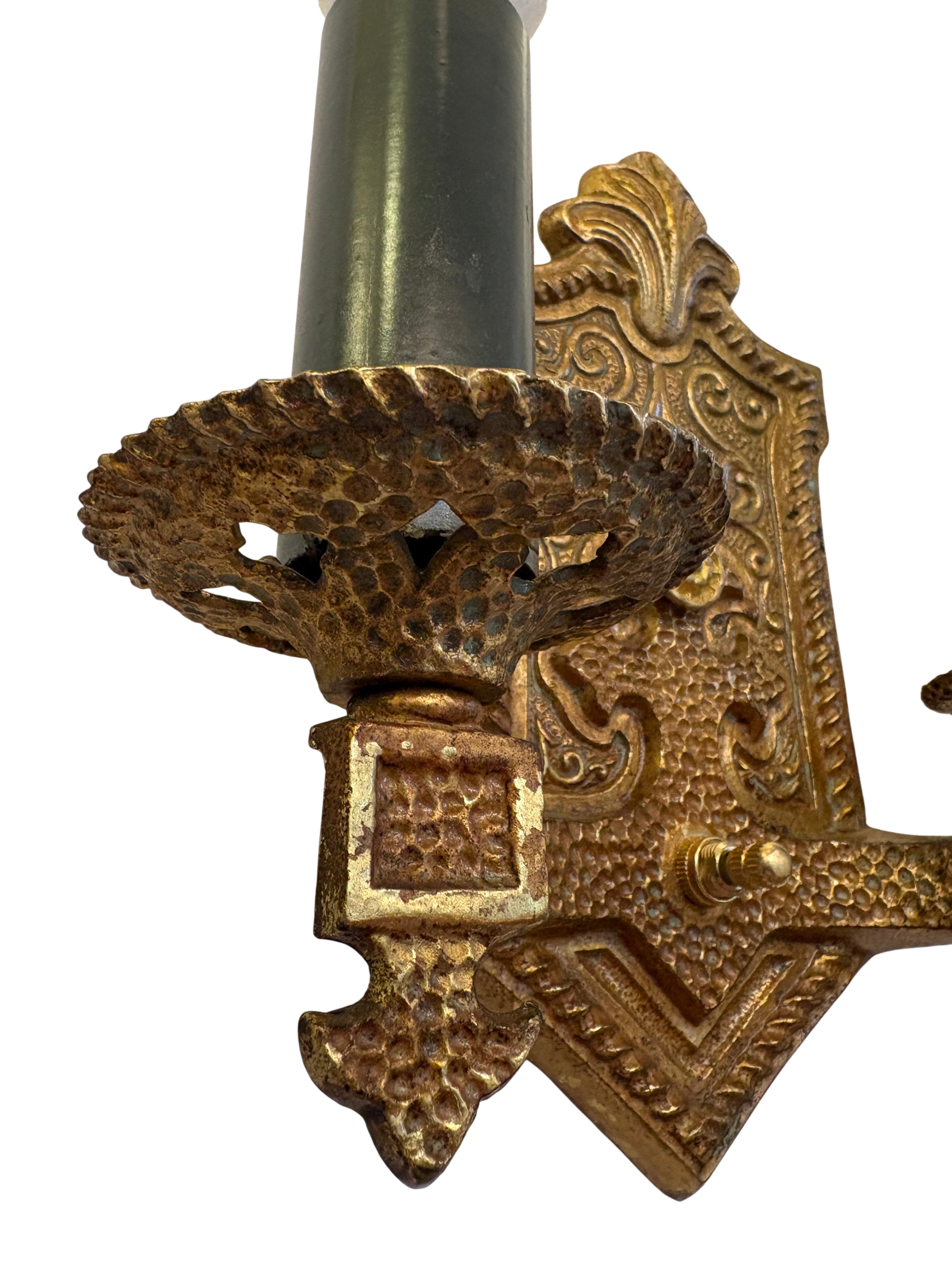 Decorative double arm wall sconce with hammered backplate - 1920s–1930s cast metal Sconce Pair  (LT-1099)
