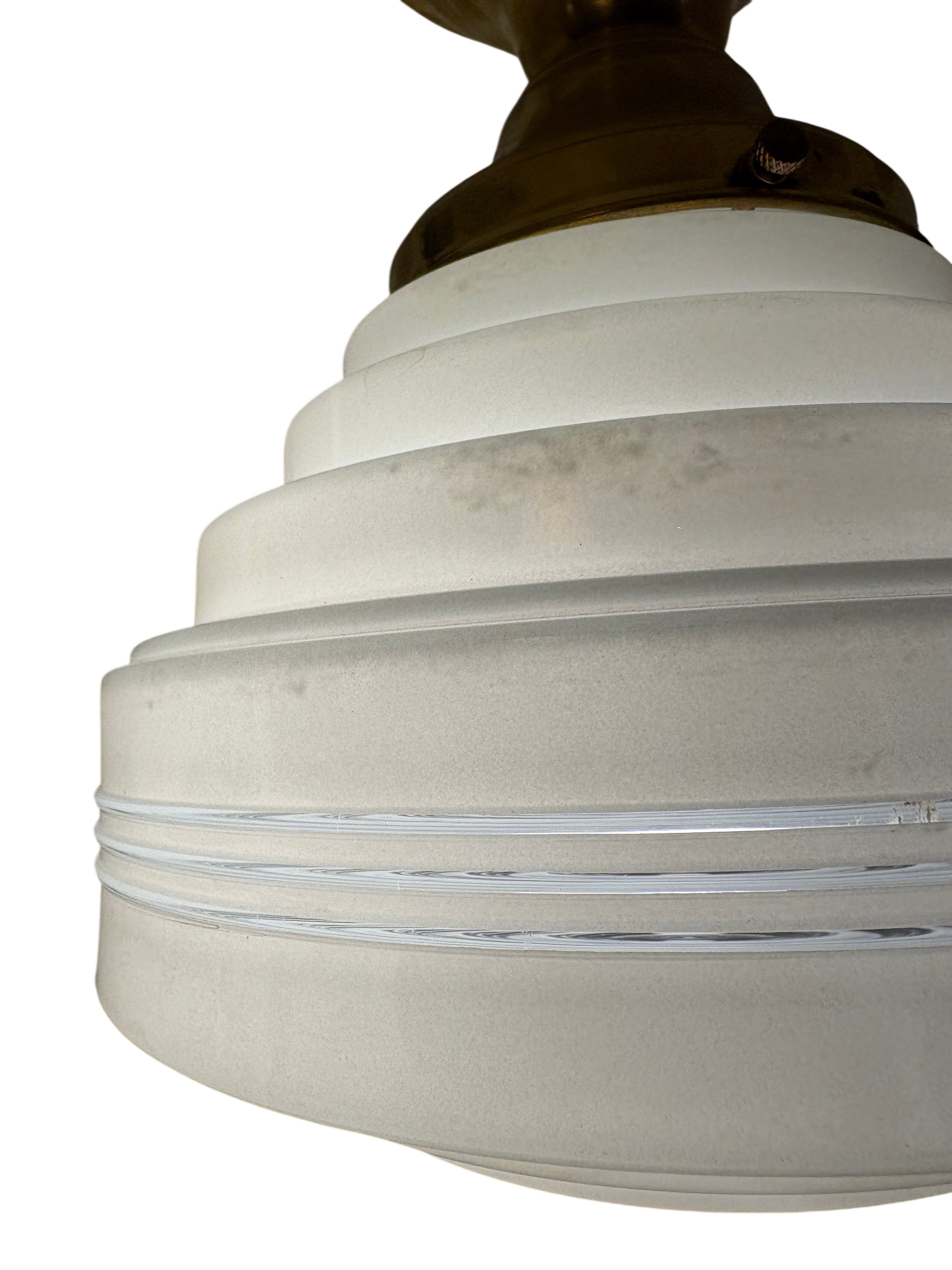 Art Deco flush mount ceiling light with stepped milk glass shade – original 1930s brass fixture (LT-1111)