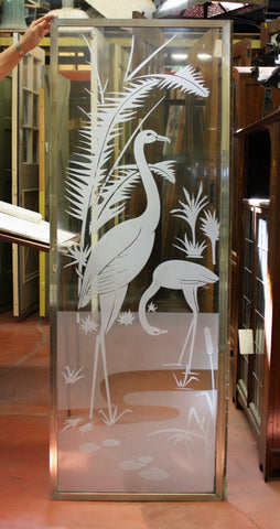 Deco Etched Glass Tropical Birds Shower Door [AUG12-64]